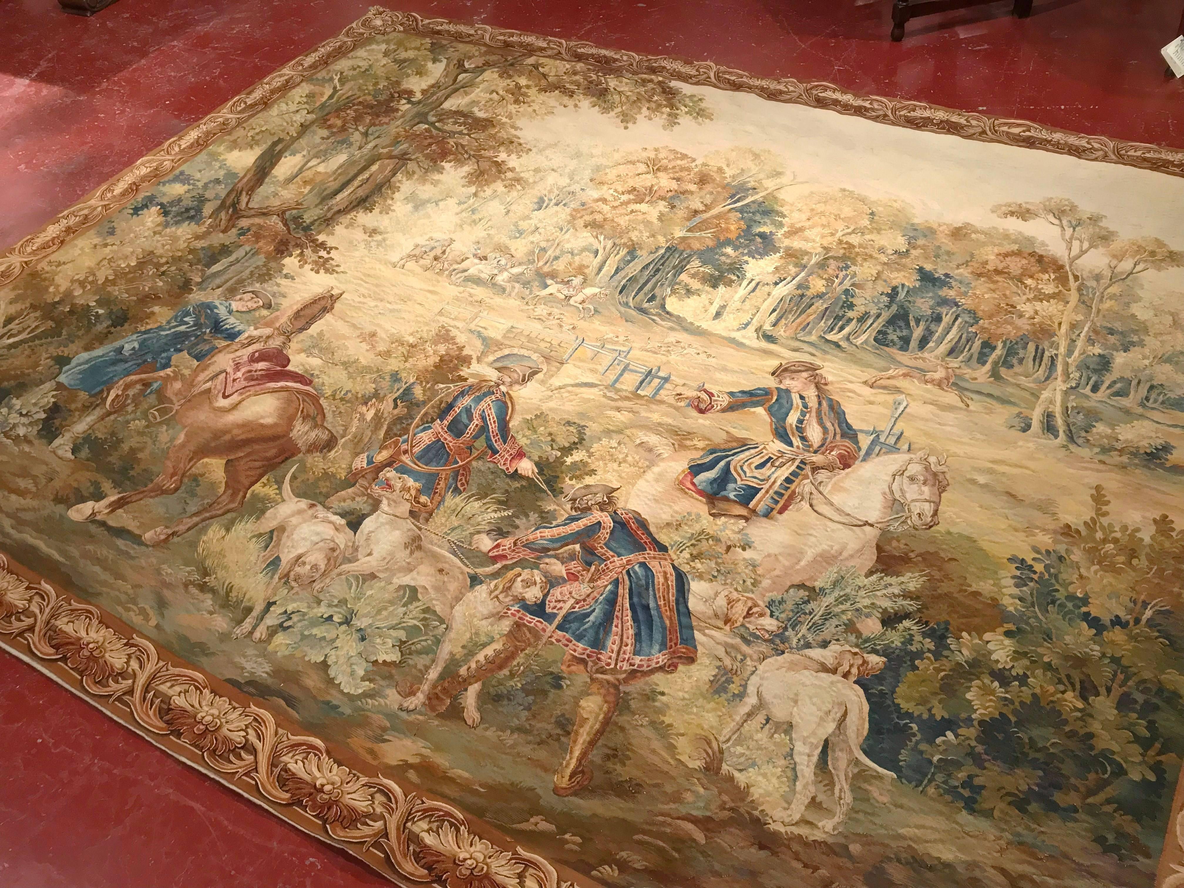 Hand-Woven Large 18th Century Hunt Scene Tapestry with Horsemen Dogs and Deer from Brussels