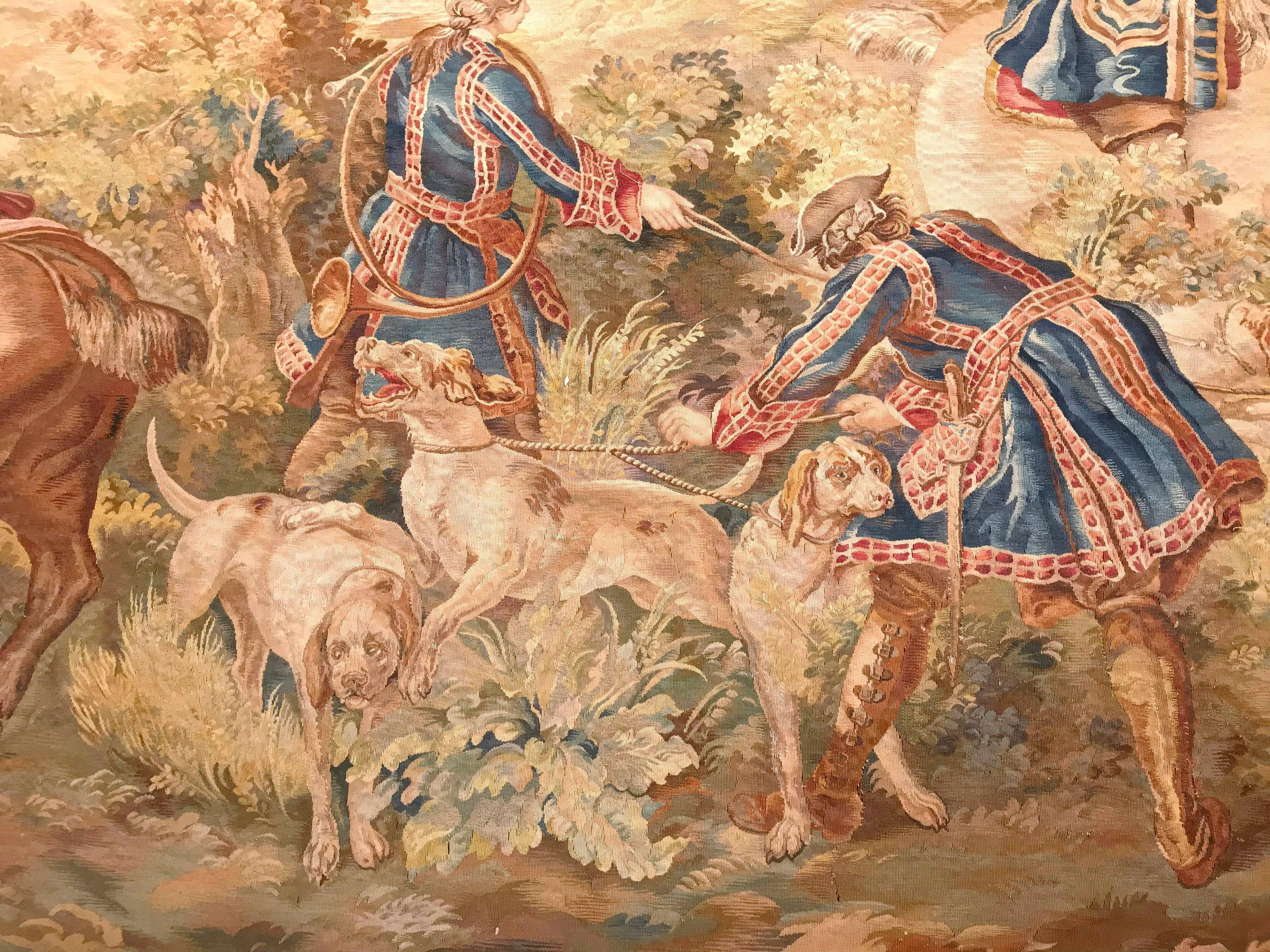 Louis XIV Large 18th Century Hunt Scene Tapestry with Horsemen Dogs and Deer from Brussels