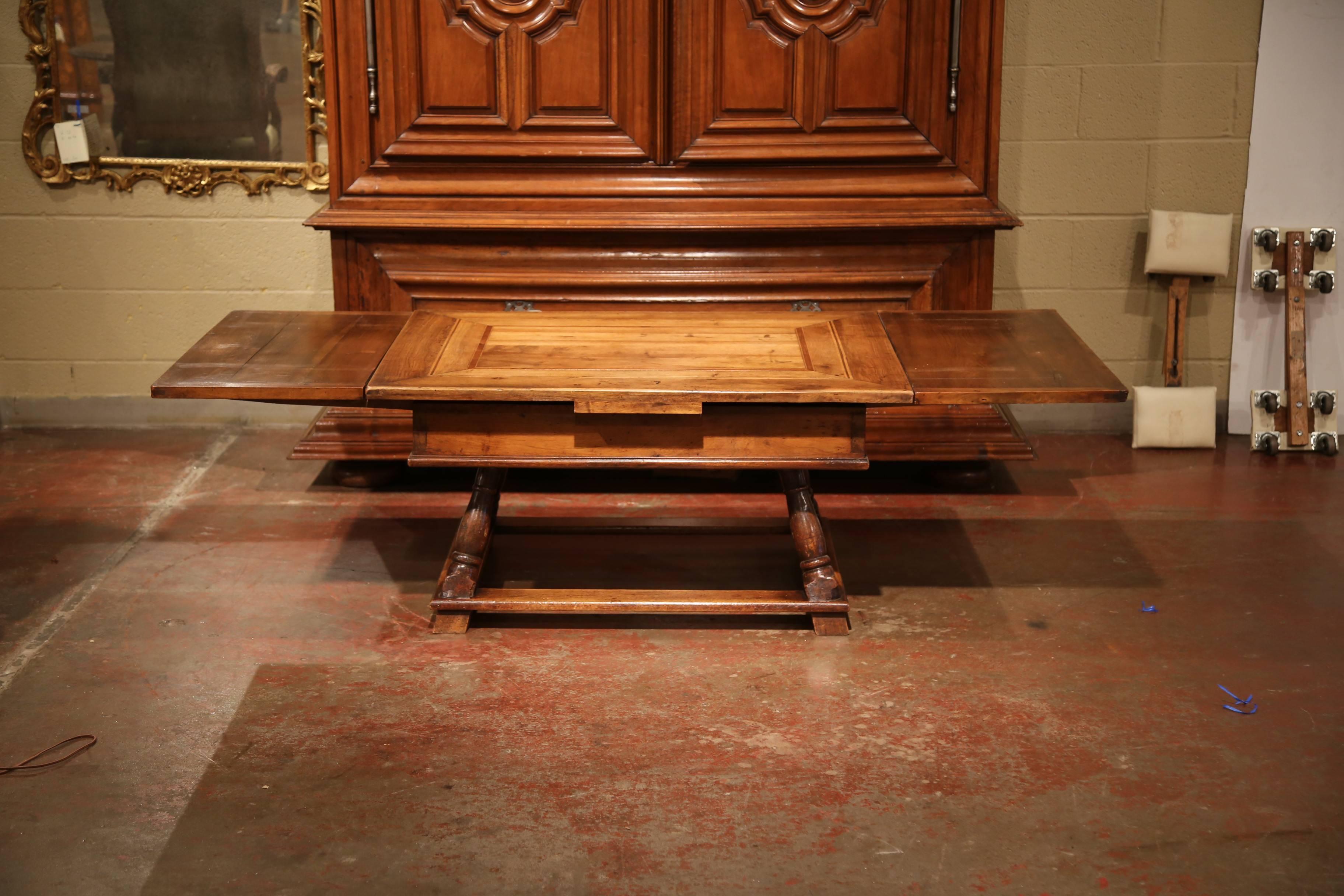 Louis XIII 18th Century, French Walnut Coffee Table with Drawers and Pull-Out Leaves