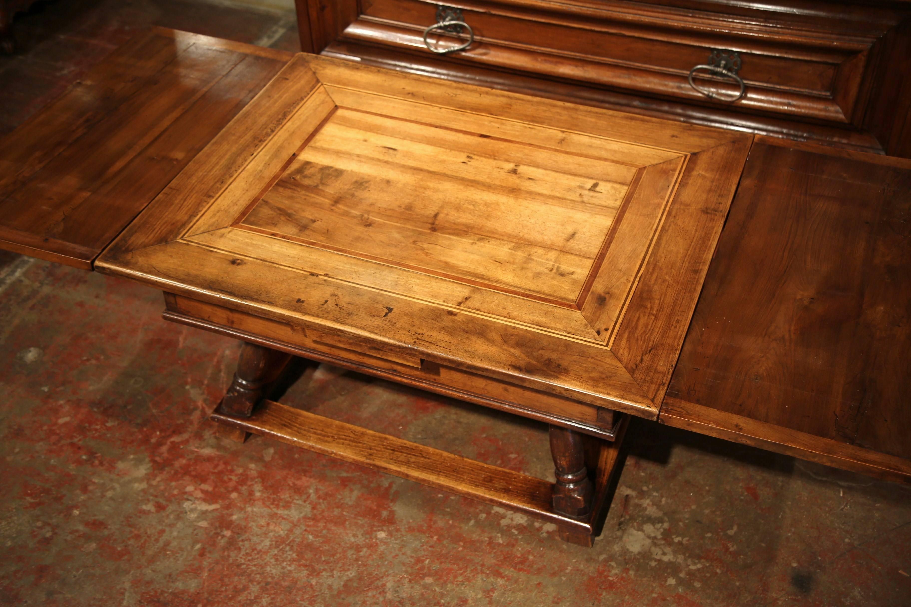 Hand-Carved 18th Century, French Walnut Coffee Table with Drawers and Pull-Out Leaves