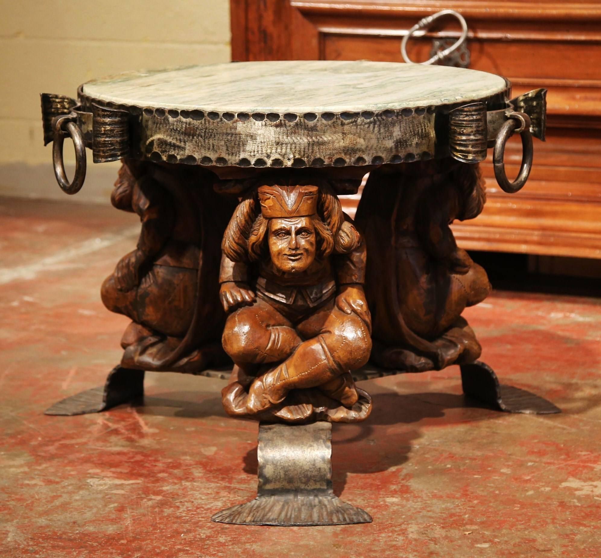 19th Century French Carved Walnut and Iron Round Coffee Table with Marble Top In Excellent Condition In Dallas, TX