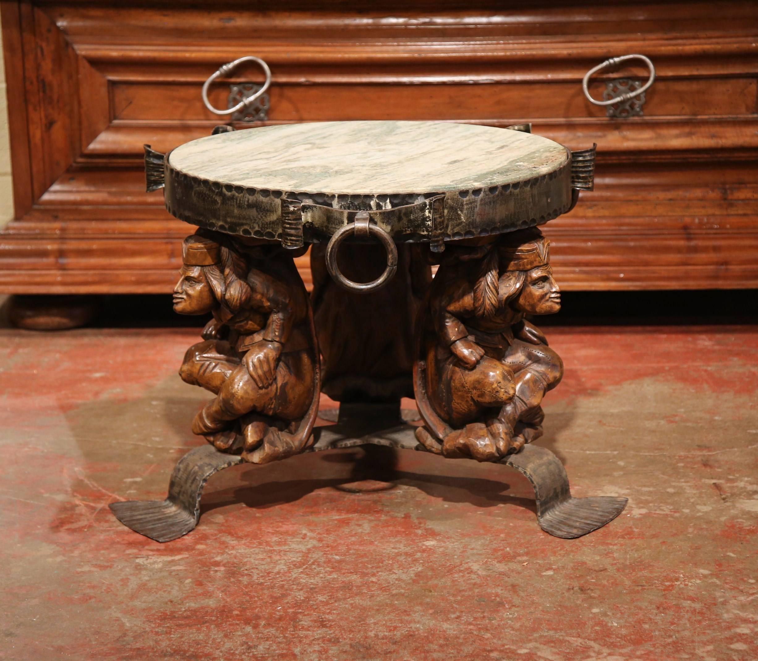 Gothic 19th Century French Carved Walnut and Iron Round Coffee Table with Marble Top