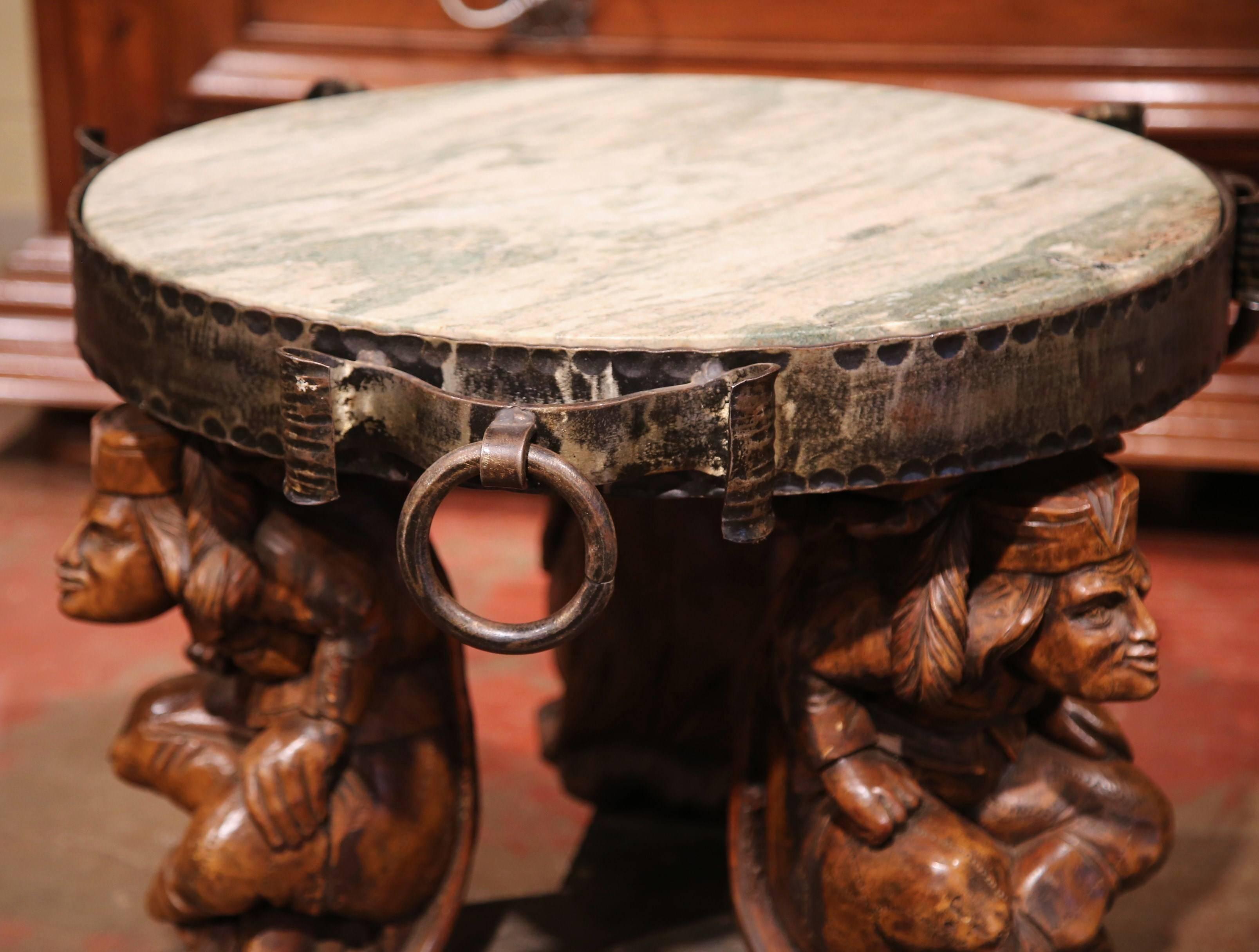 19th Century French Carved Walnut and Iron Round Coffee Table with Marble Top 2