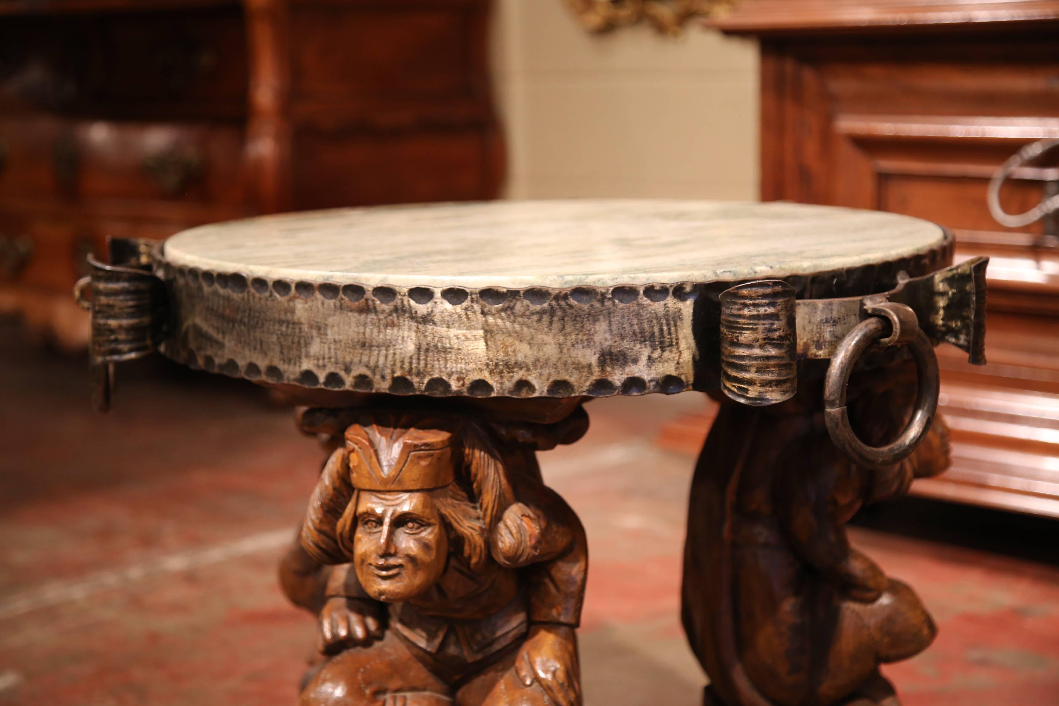 19th Century French Carved Walnut and Iron Round Coffee Table with Marble Top 3