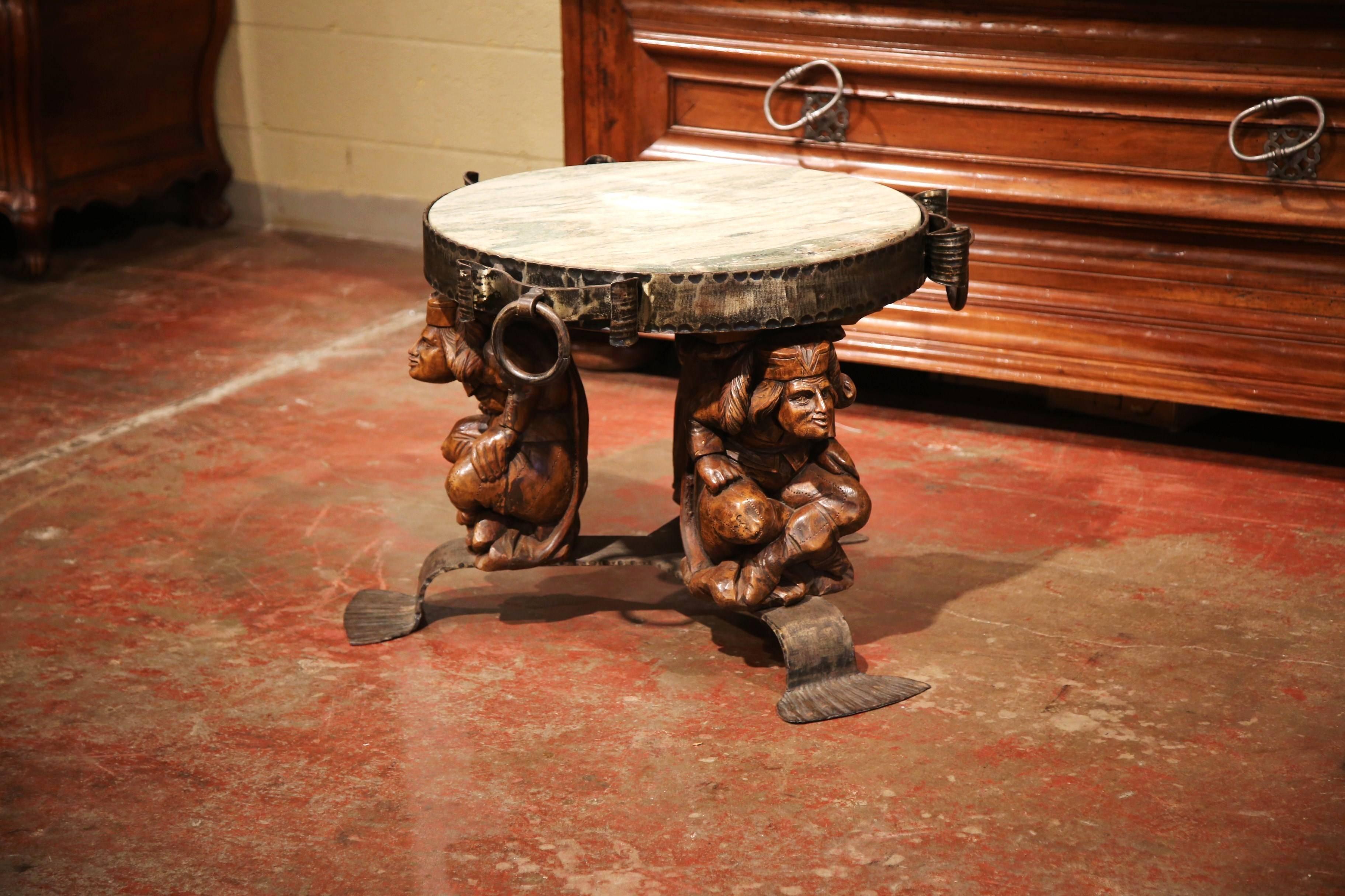 19th Century French Carved Walnut and Iron Round Coffee Table with Marble Top 1
