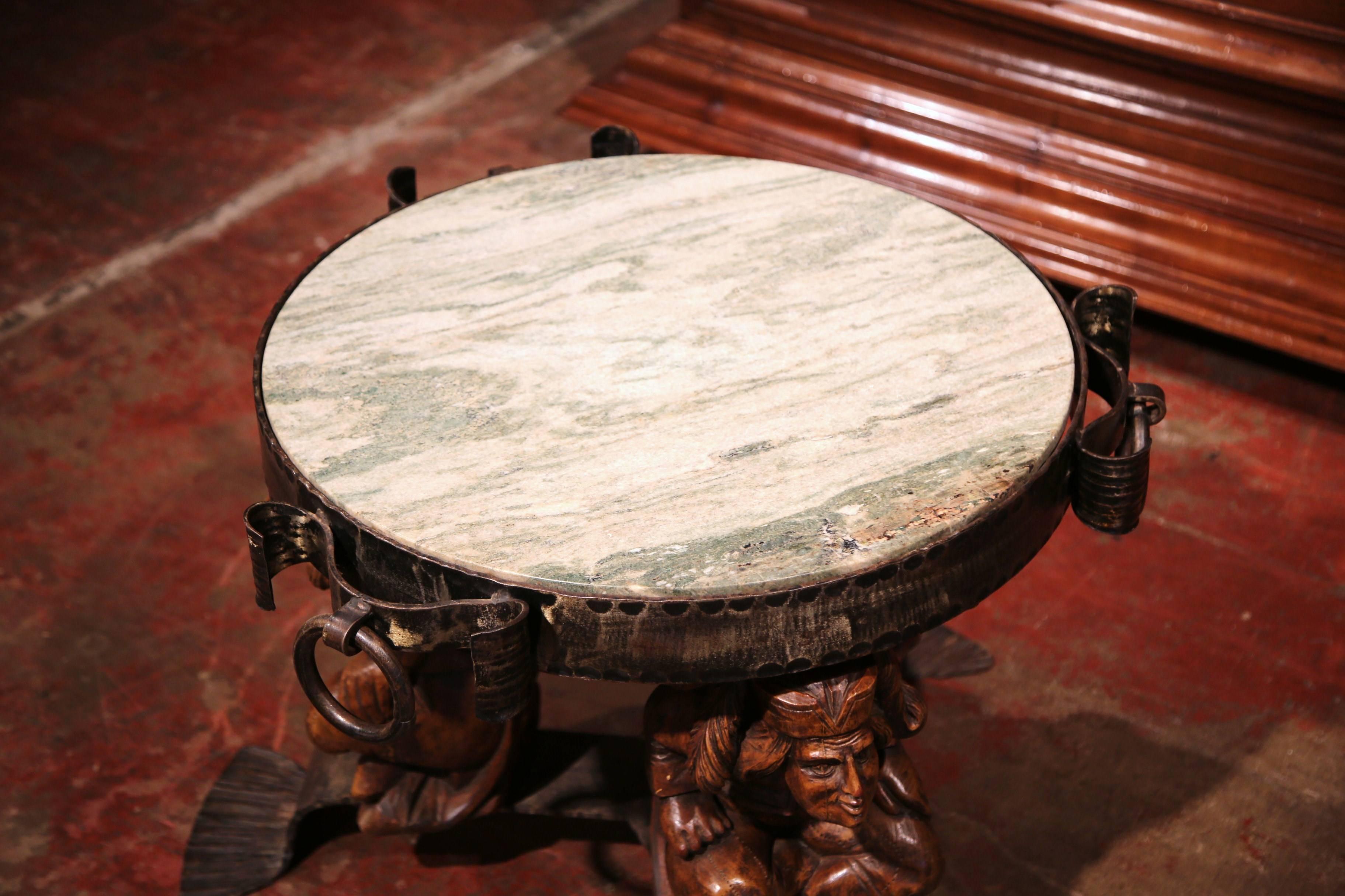Hand-Carved 19th Century French Carved Walnut and Iron Round Coffee Table with Marble Top
