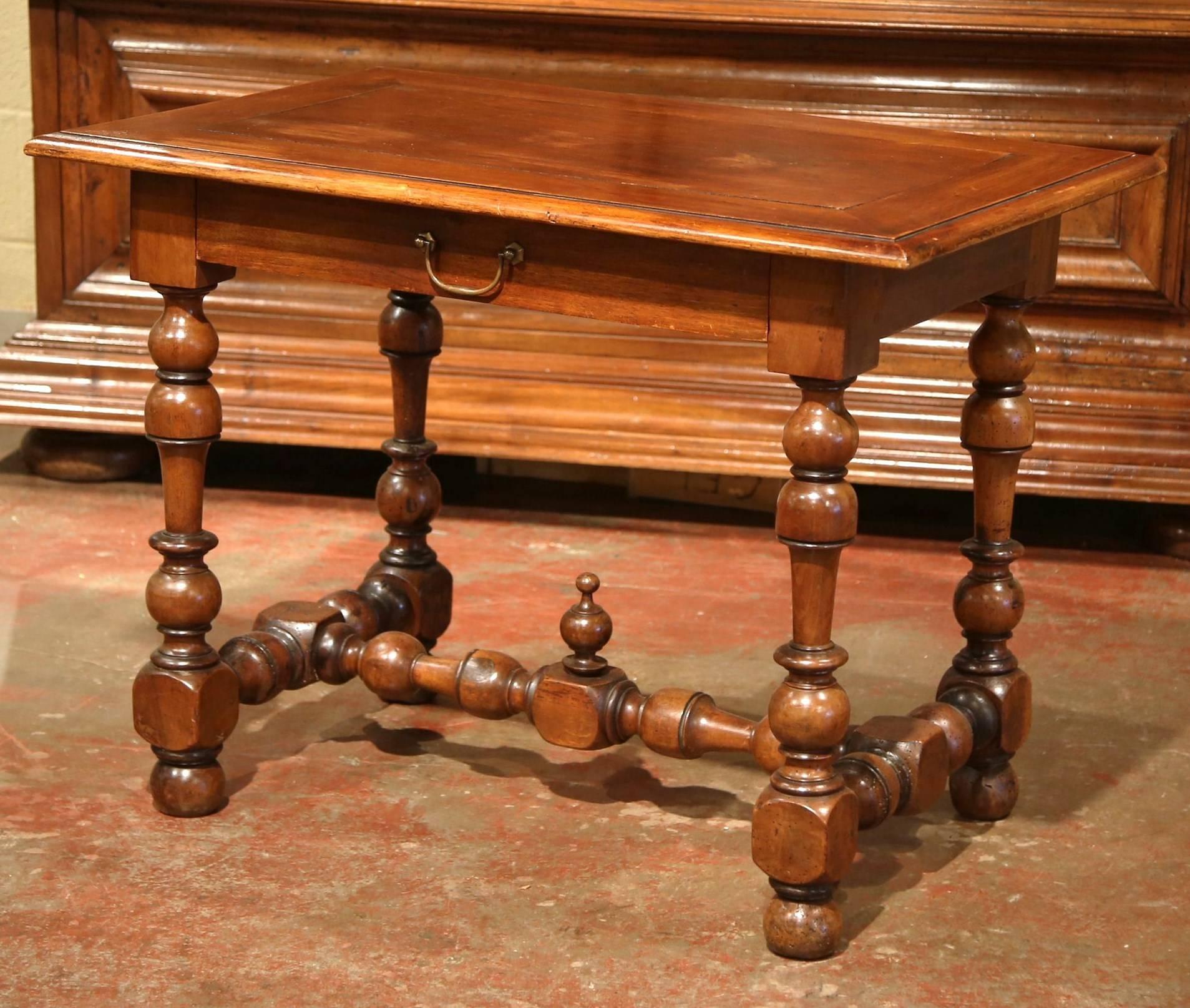 19th Century French Louis XIII Walnut Side Table with Turned Legs and Stretcher 1
