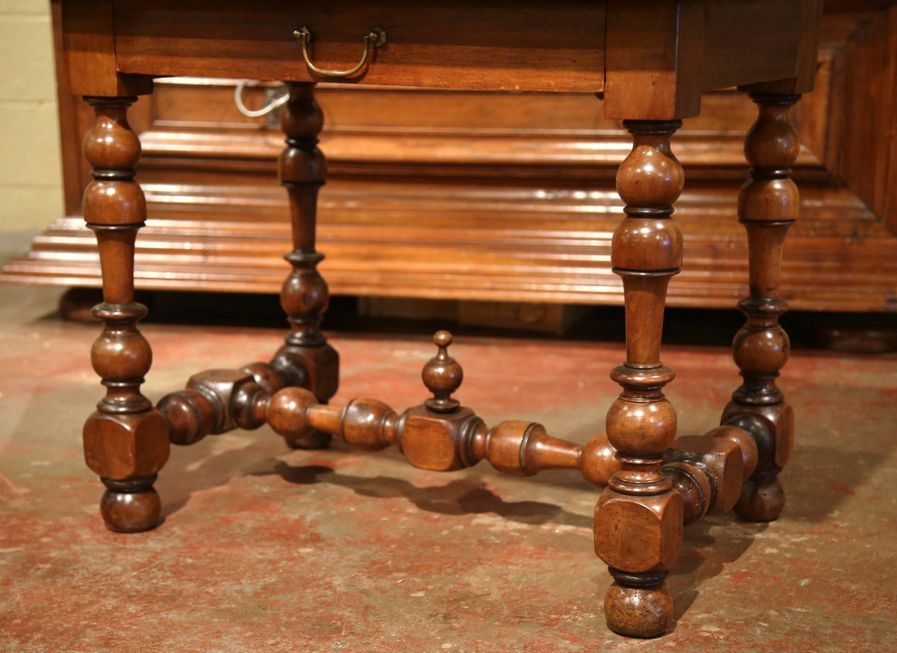 Hand-Carved 19th Century French Louis XIII Walnut Side Table with Turned Legs and Stretcher