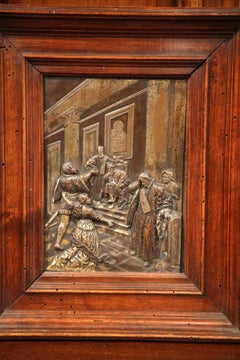 Pair of 19th Century French Interior Scenes Bronze Plaques in Walnut Frames