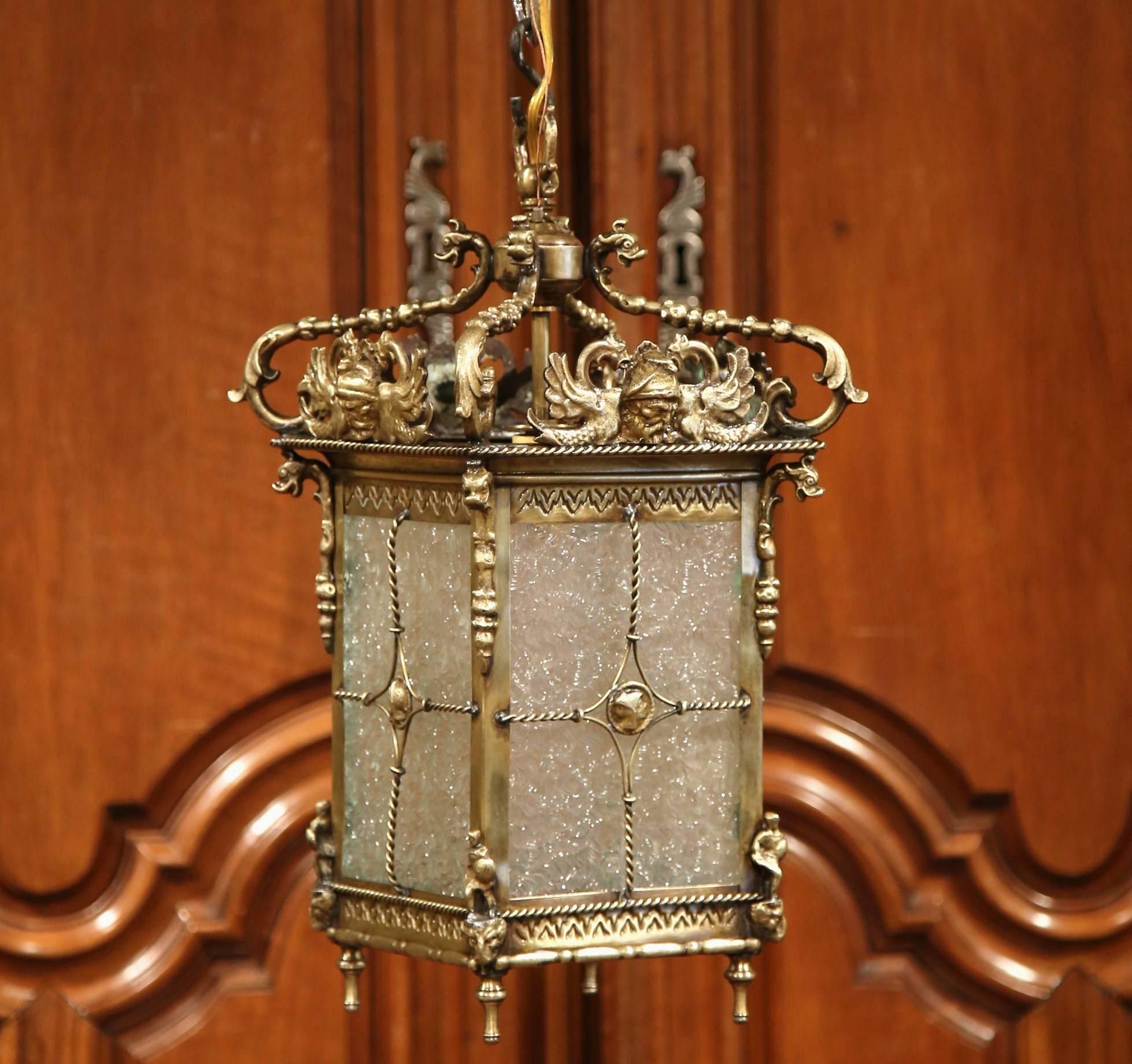 19th Century French Bronze Lantern with Roman Faces and Dolphins Mounts 1