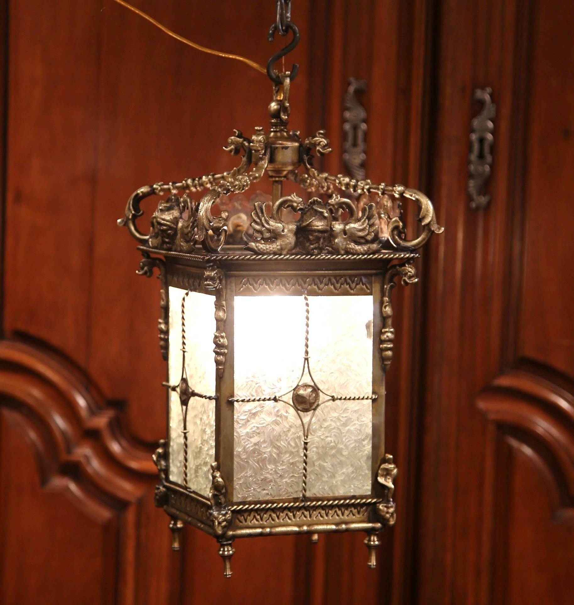 19th Century French Bronze Lantern with Roman Faces and Dolphins Mounts 2