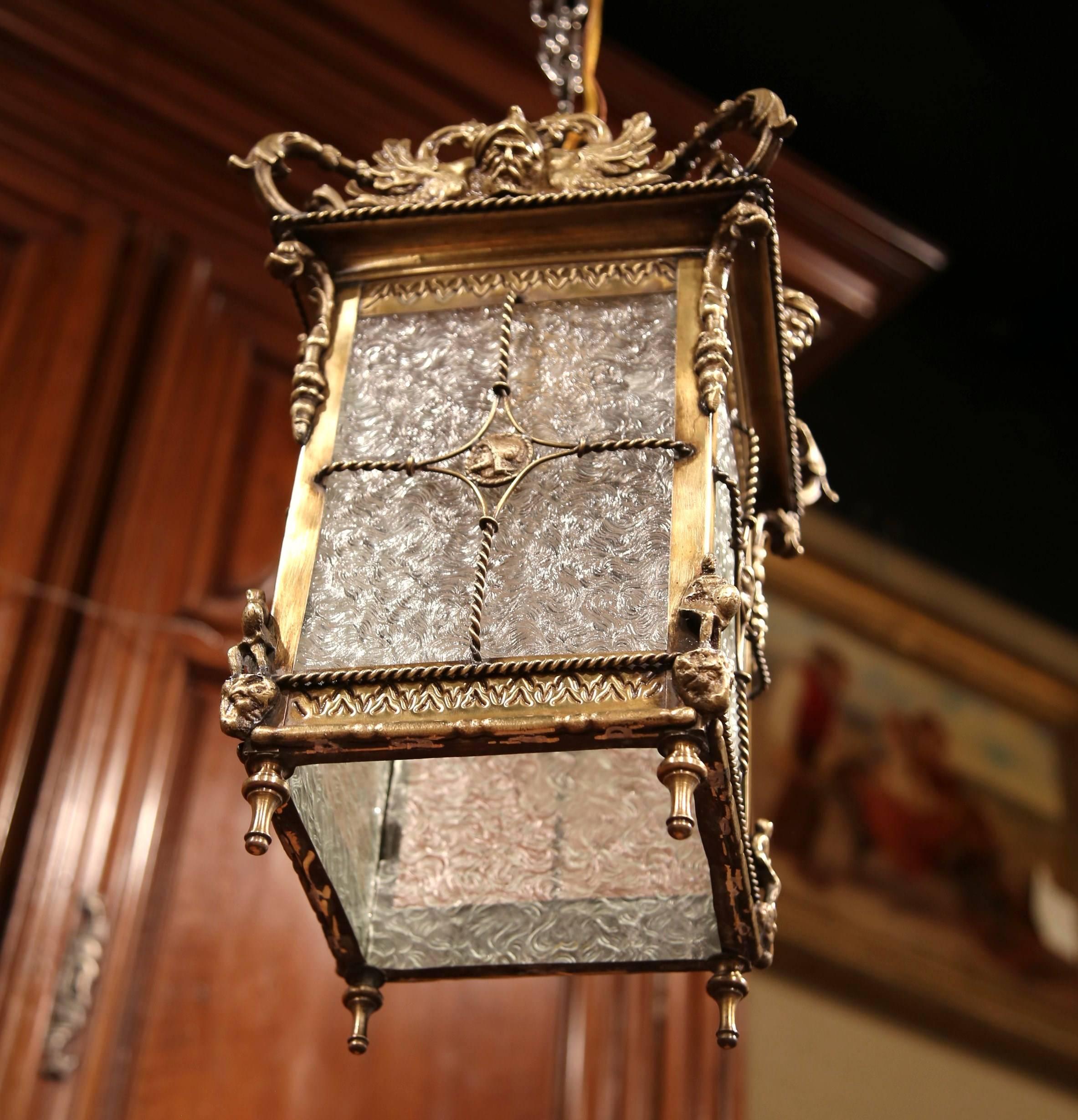 19th Century French Bronze Lantern with Roman Faces and Dolphins Mounts In Excellent Condition In Dallas, TX