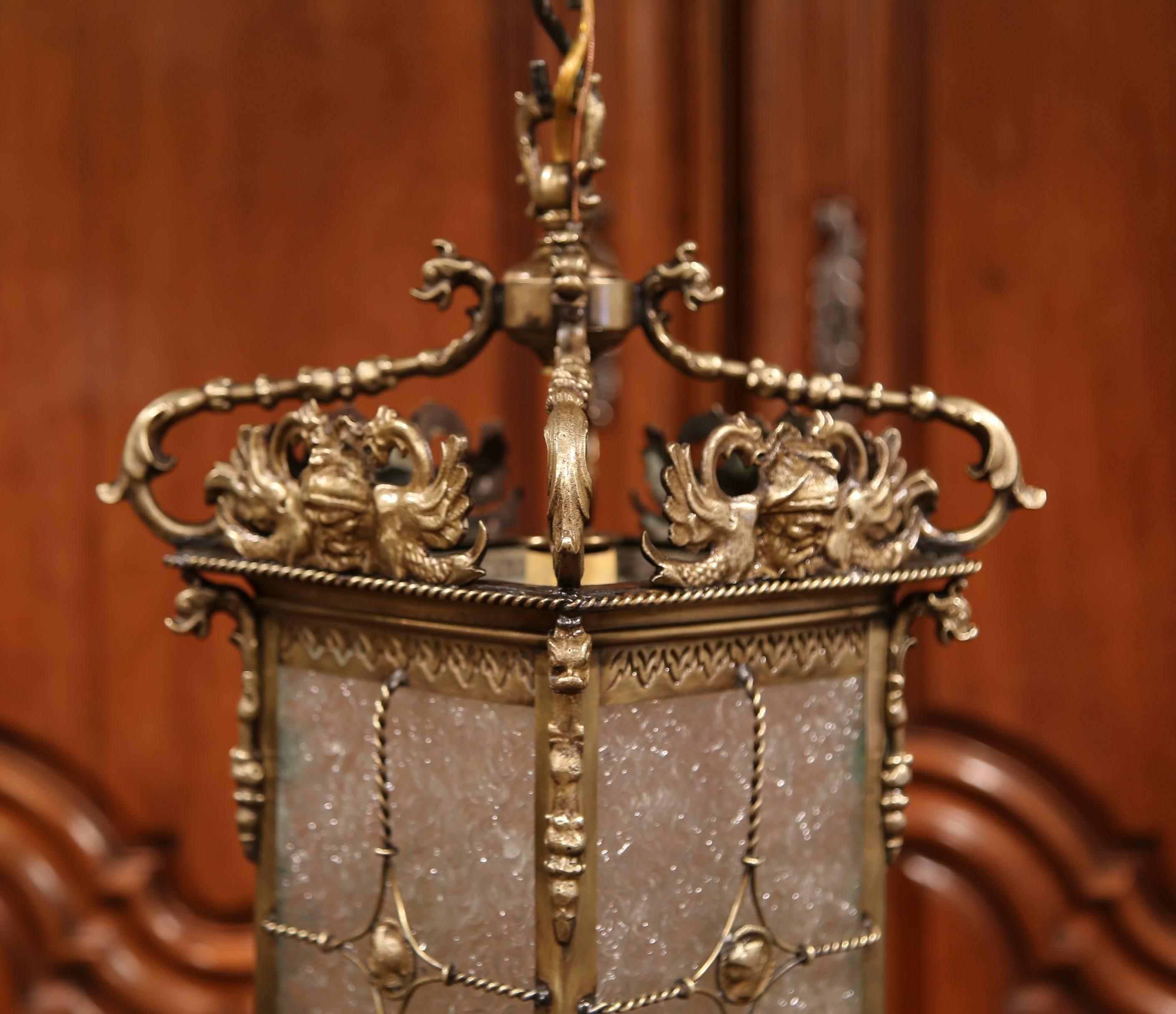 19th Century French Bronze Lantern with Roman Faces and Dolphins Mounts 3