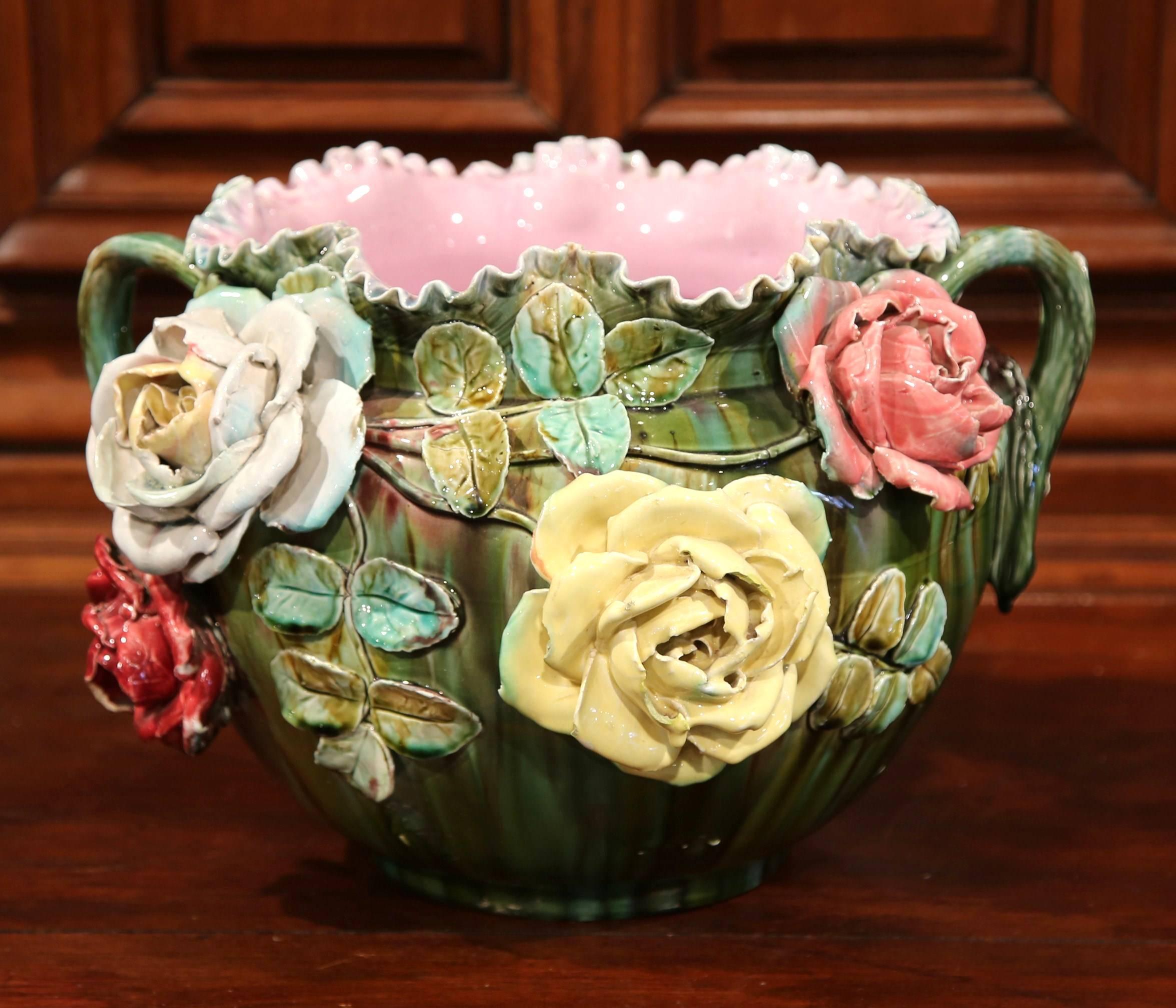 19th Century French Ceramic Barbotine Cachepot with Floral and Leaf Decor In Excellent Condition In Dallas, TX