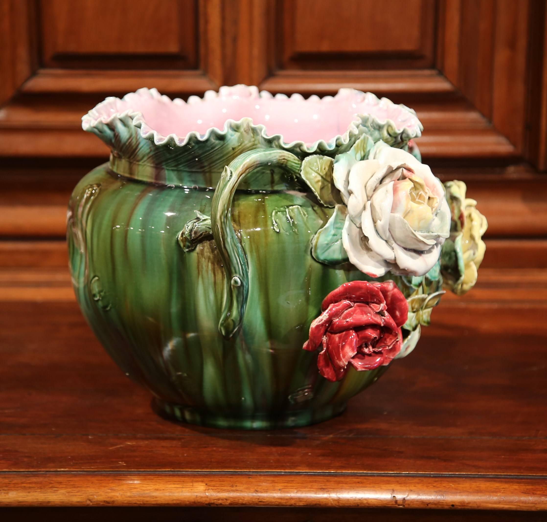 Hand-Crafted 19th Century French Ceramic Barbotine Cachepot with Floral and Leaf Decor