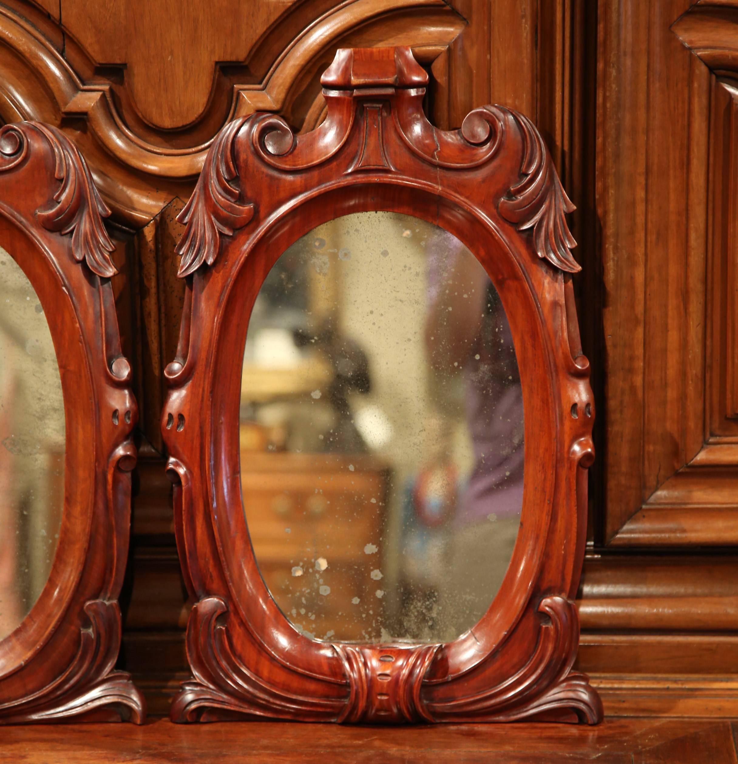 Hand-Carved Pair of 19th Century French Regency Hand Carved Mahogany Wall Mirrors For Sale