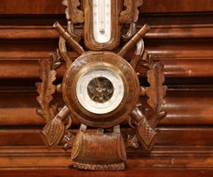 19th Century French Carved Walnut Black Forest Barometer with Deer and Gun Decor