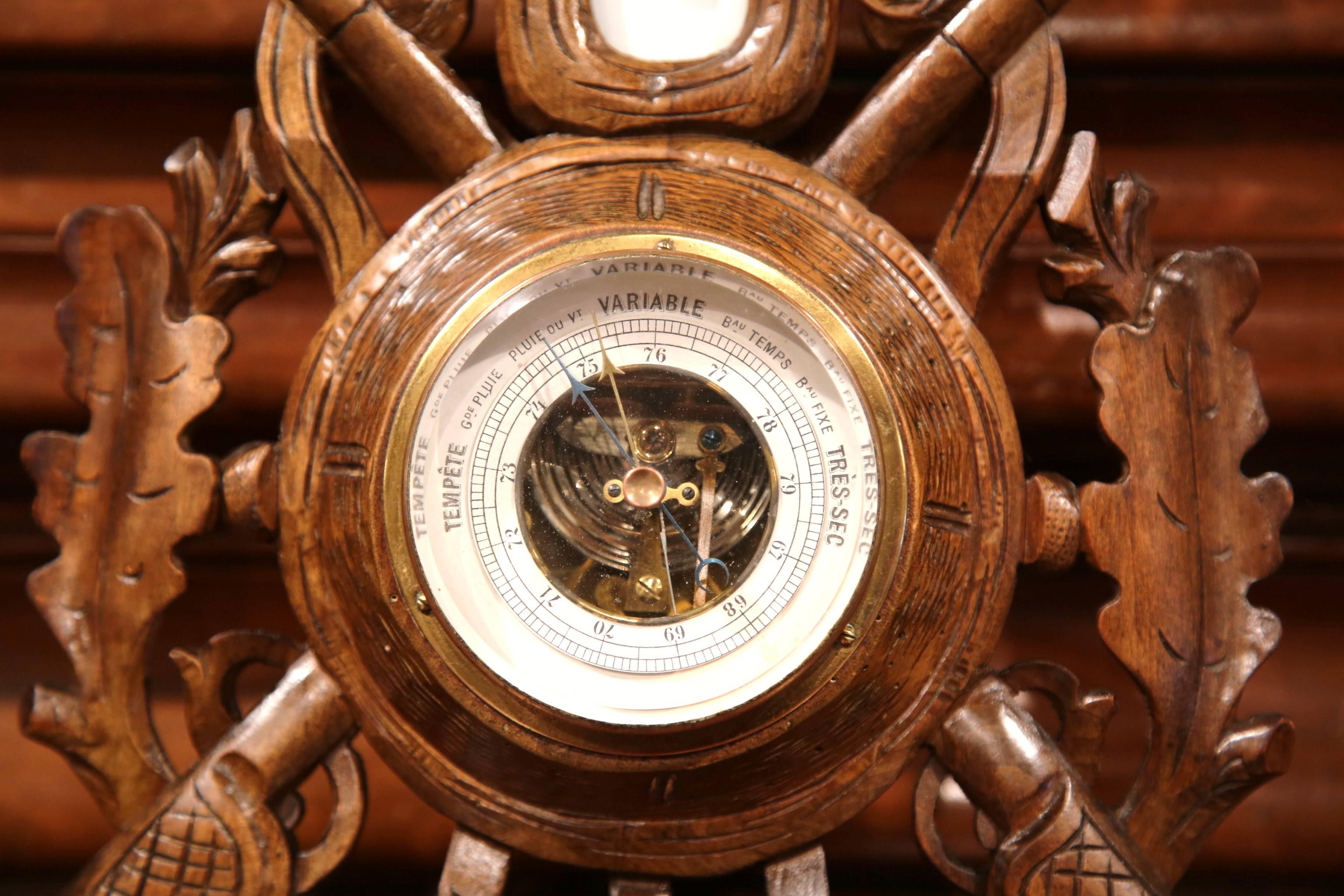 19th Century French Carved Walnut Black Forest Barometer with Deer and Gun Decor In Excellent Condition In Dallas, TX