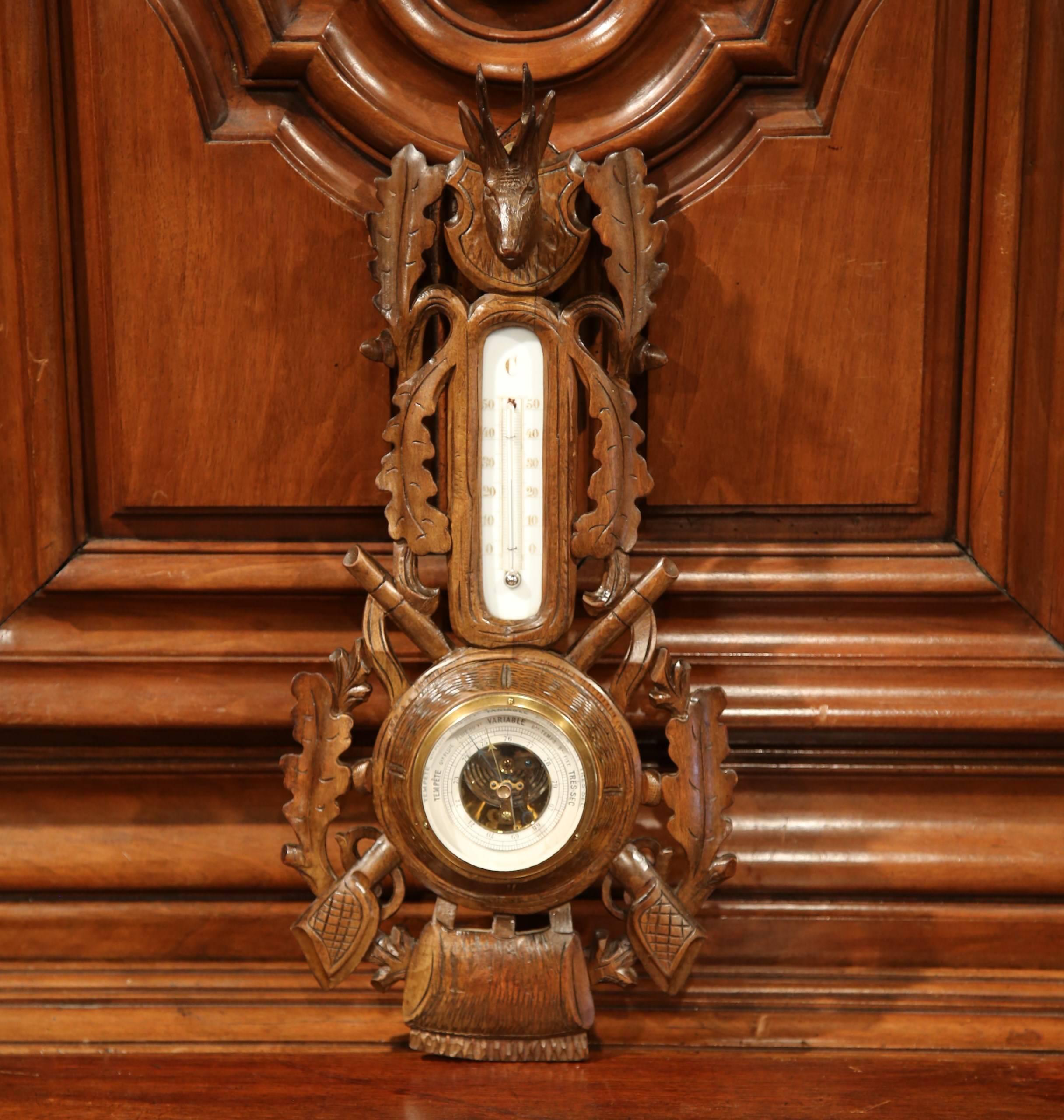 Patinated 19th Century French Carved Walnut Black Forest Barometer with Deer and Gun Decor