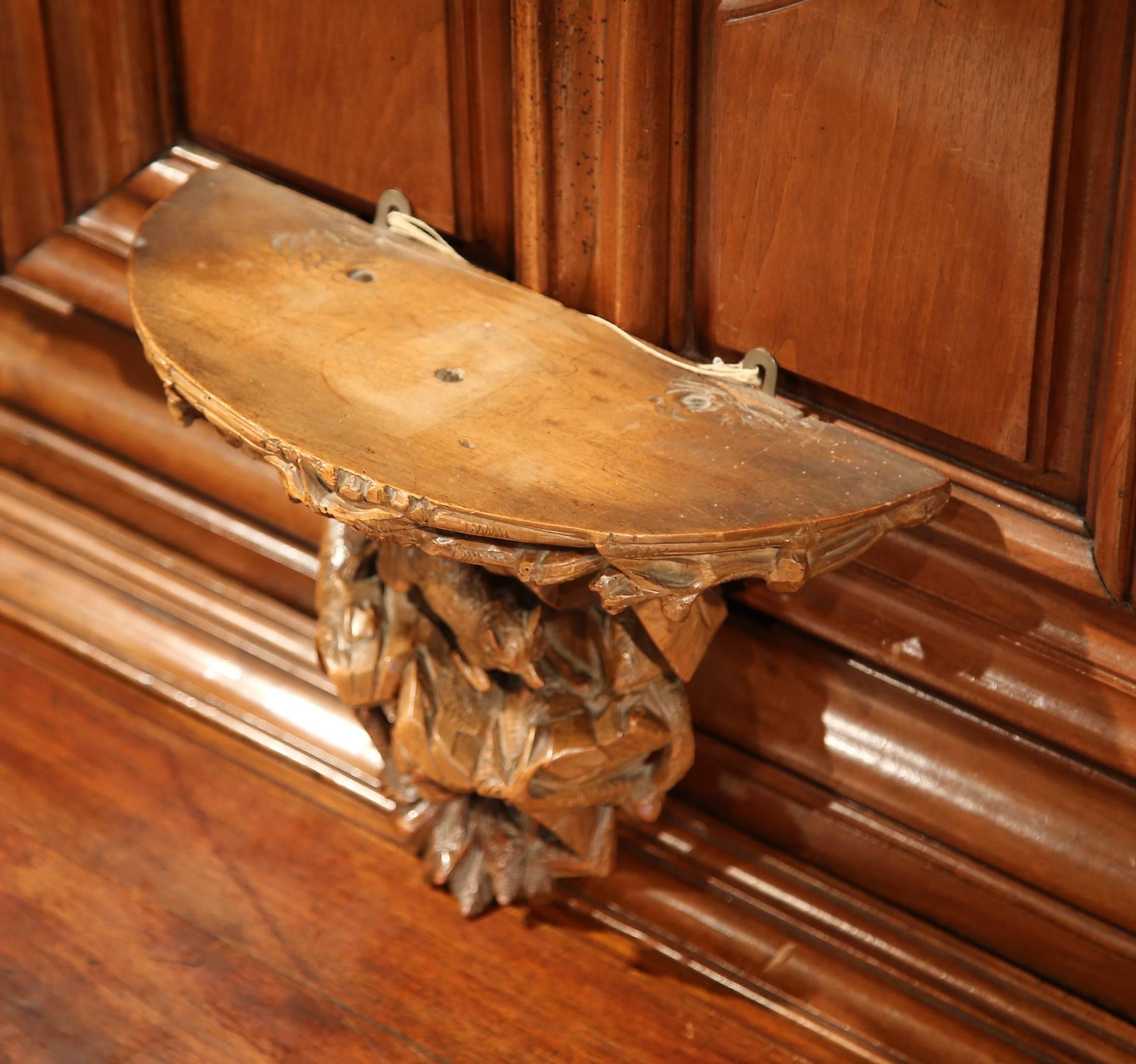 Hand-Carved 19th Century, French Black Forest Carved Walnut Hanging Shelf with Fox and Bird
