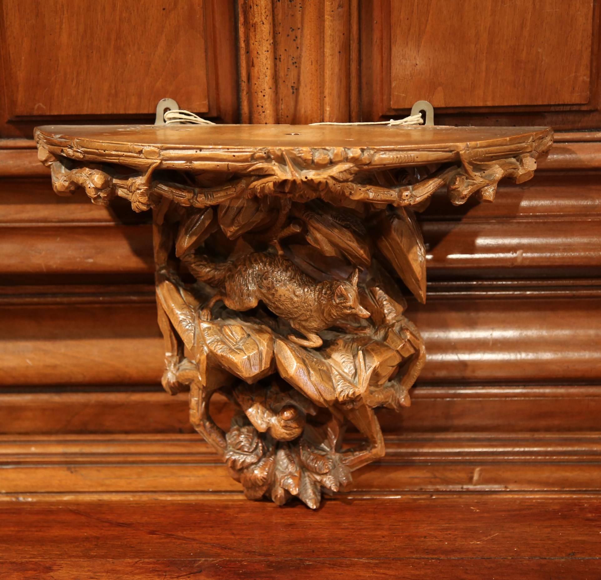 19th Century, French Black Forest Carved Walnut Hanging Shelf with Fox and Bird In Excellent Condition In Dallas, TX