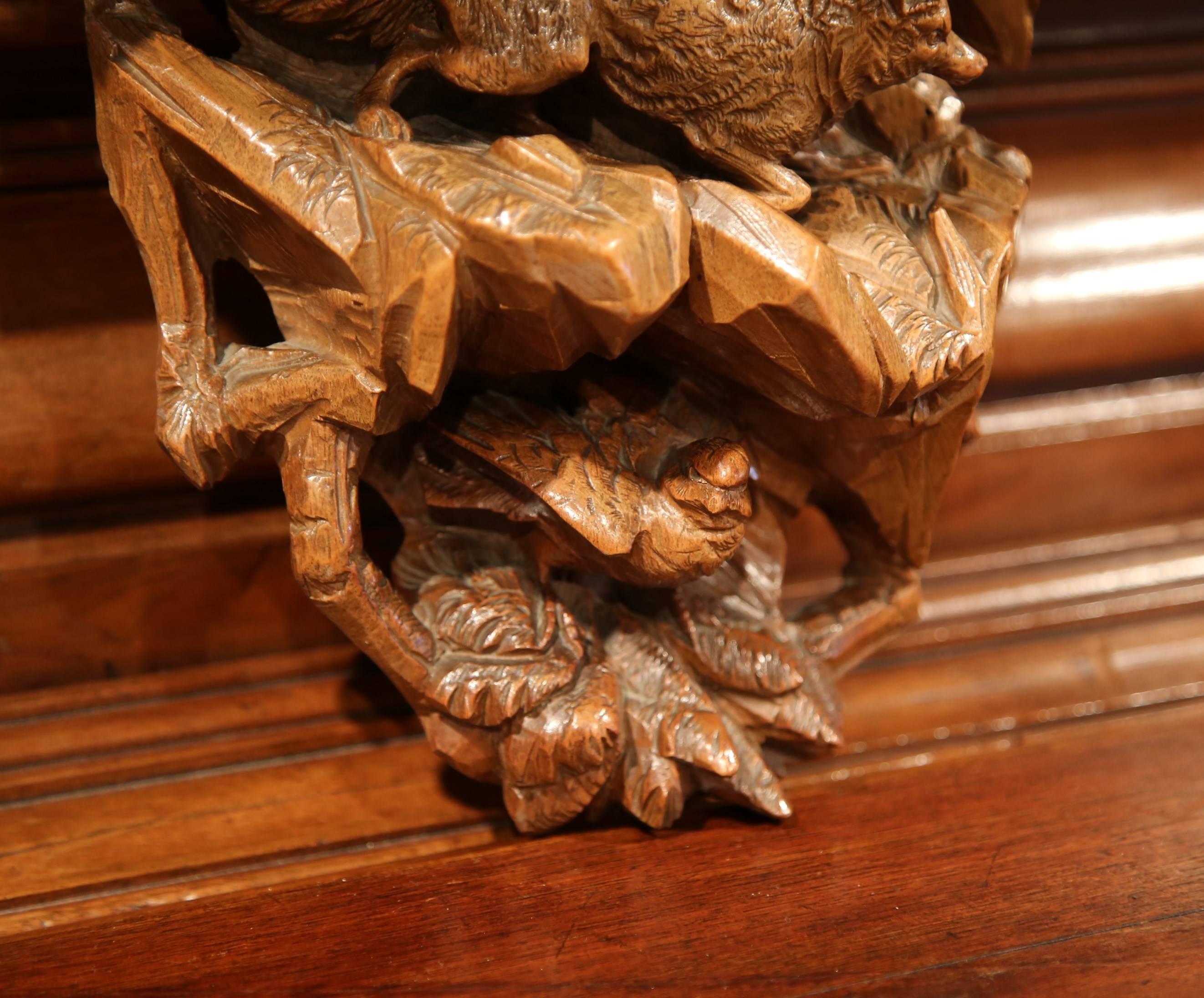 19th Century, French Black Forest Carved Walnut Hanging Shelf with Fox and Bird 2