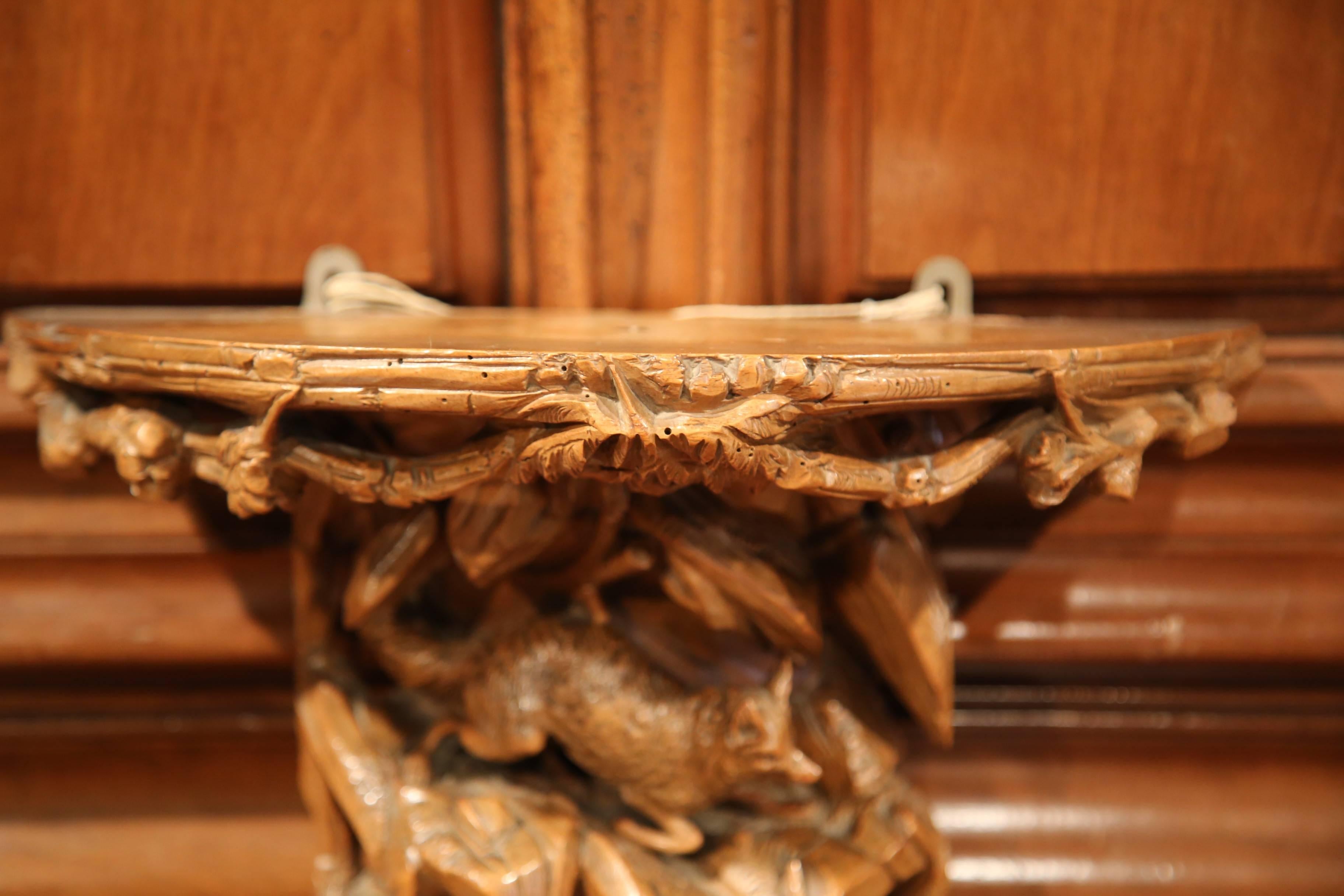 19th Century, French Black Forest Carved Walnut Hanging Shelf with Fox and Bird 1