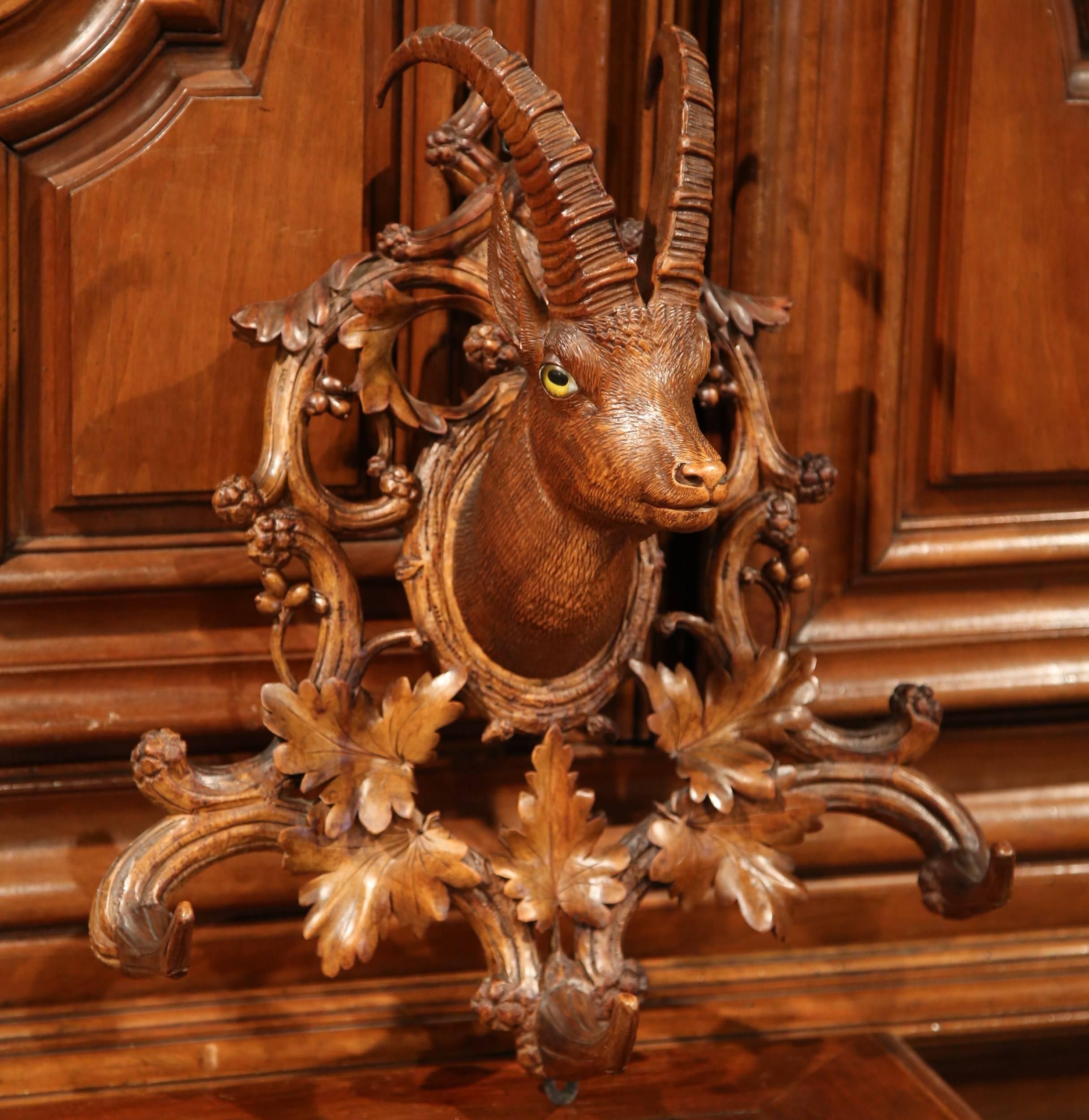 19th Century Swiss Carved Walnut Black Forest Hat Rack with Glass Eyes Deer 1