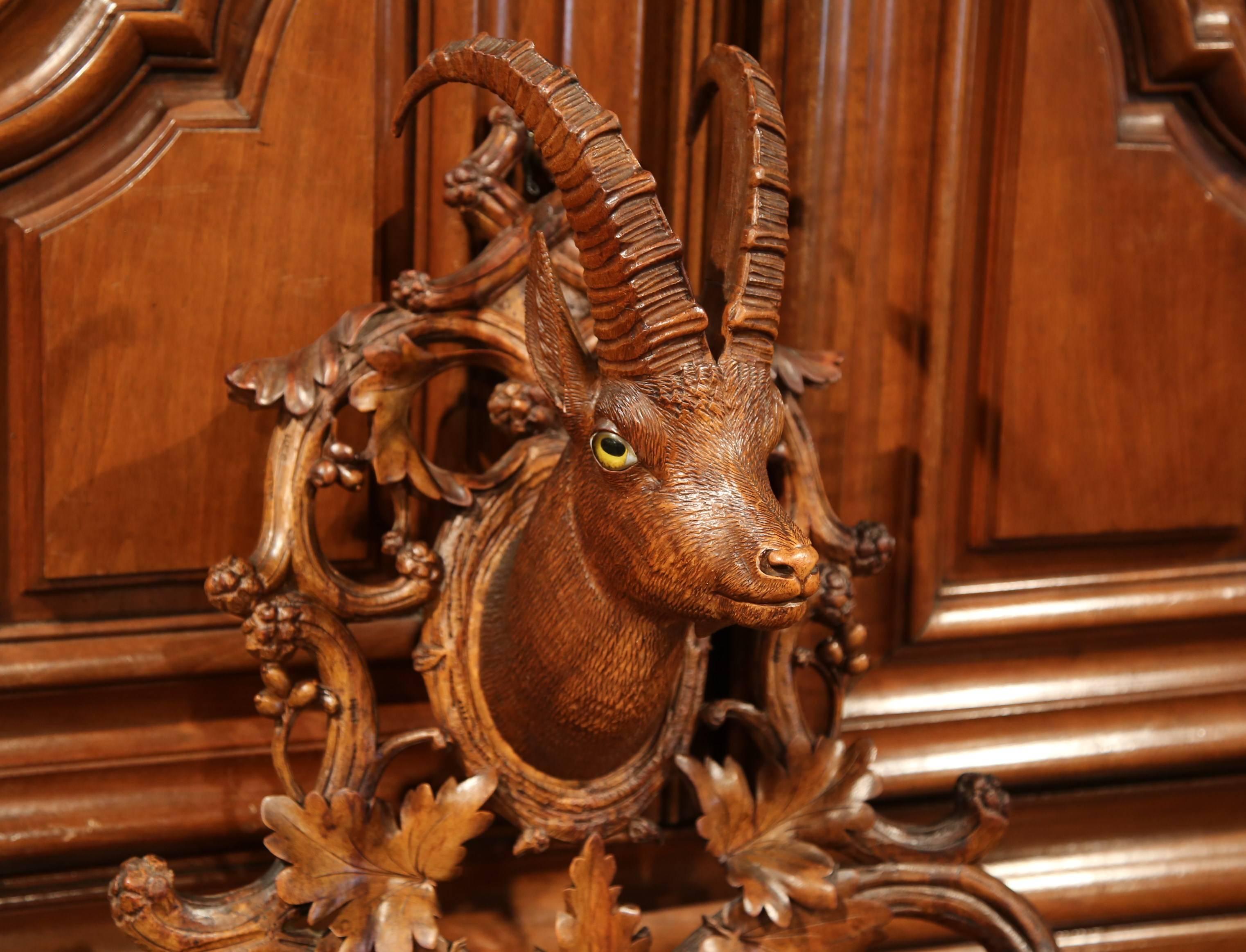 This beautifully executed Black Forest hanging coat or hat rack was hand-carved in Switzerland, circa 1860. The unique, sculptural shelf features a central deer head embellished with glass eyes, surrounding by acorns, branches and leaves. The piece