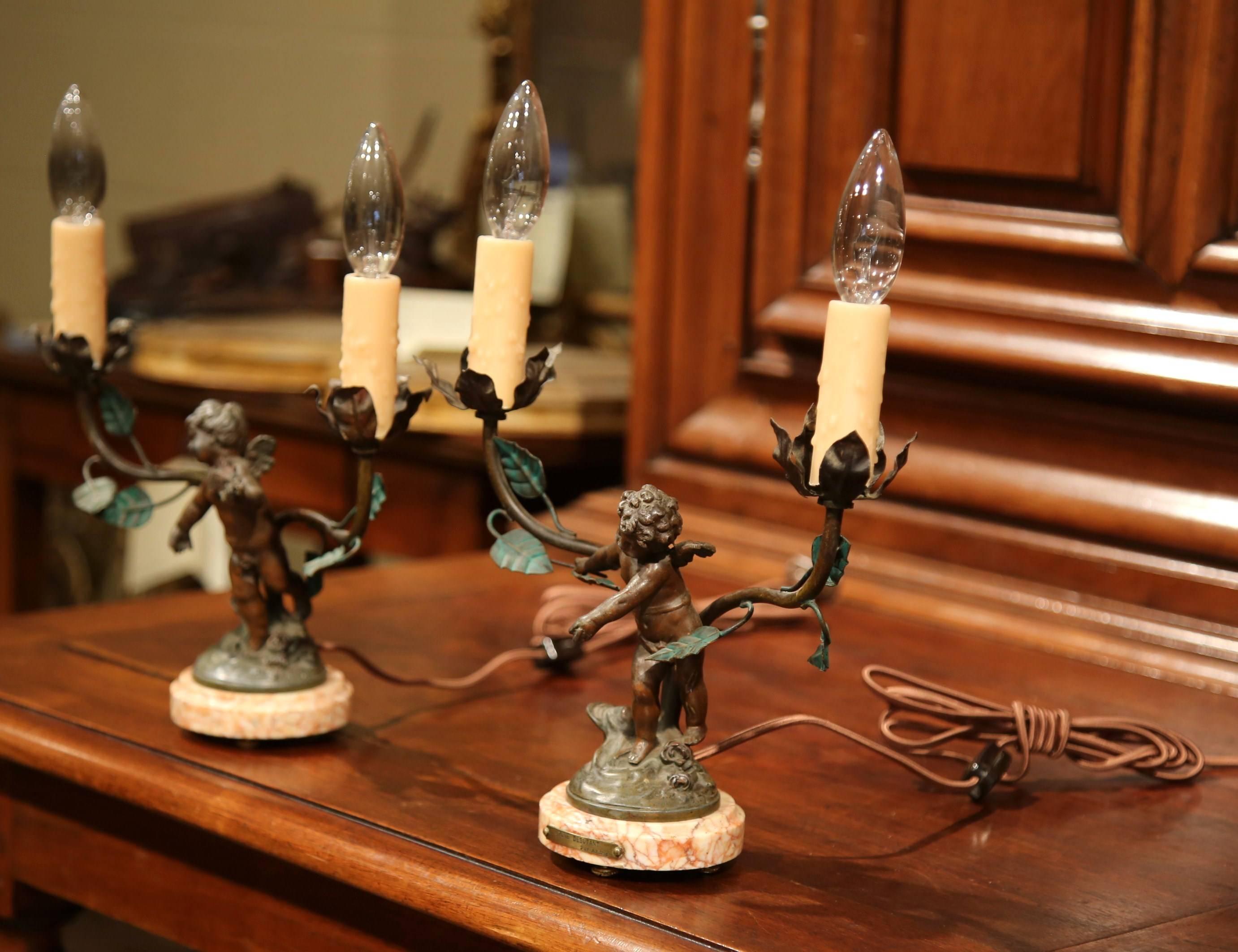 Pair of 19th Century, French Spelter Cherubs Table Lamps on Marble Bases 3