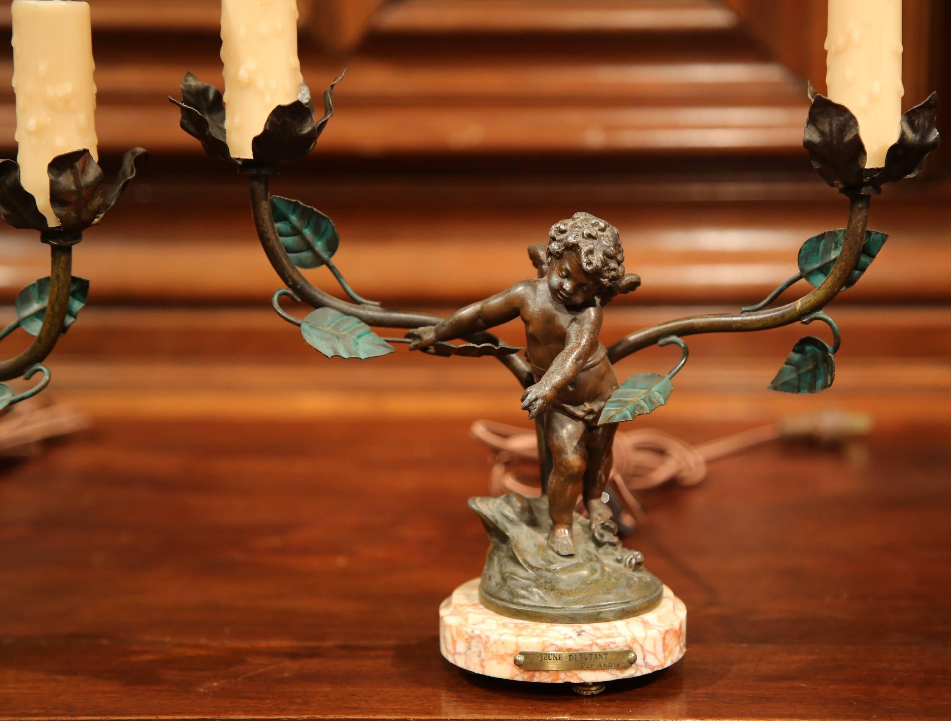 Louis XVI Pair of 19th Century, French Spelter Cherubs Table Lamps on Marble Bases