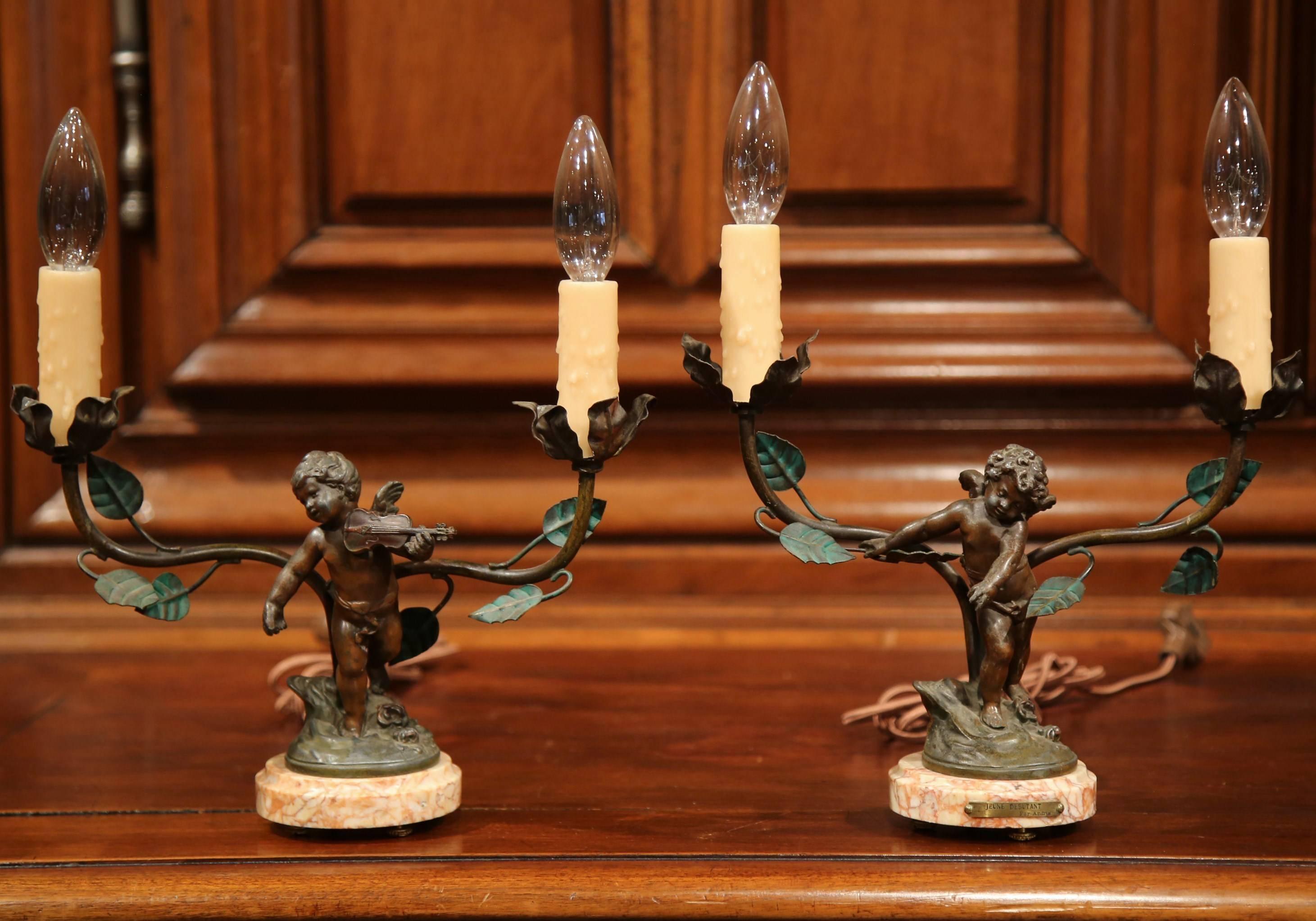 Pair of 19th Century, French Spelter Cherubs Table Lamps on Marble Bases In Excellent Condition In Dallas, TX