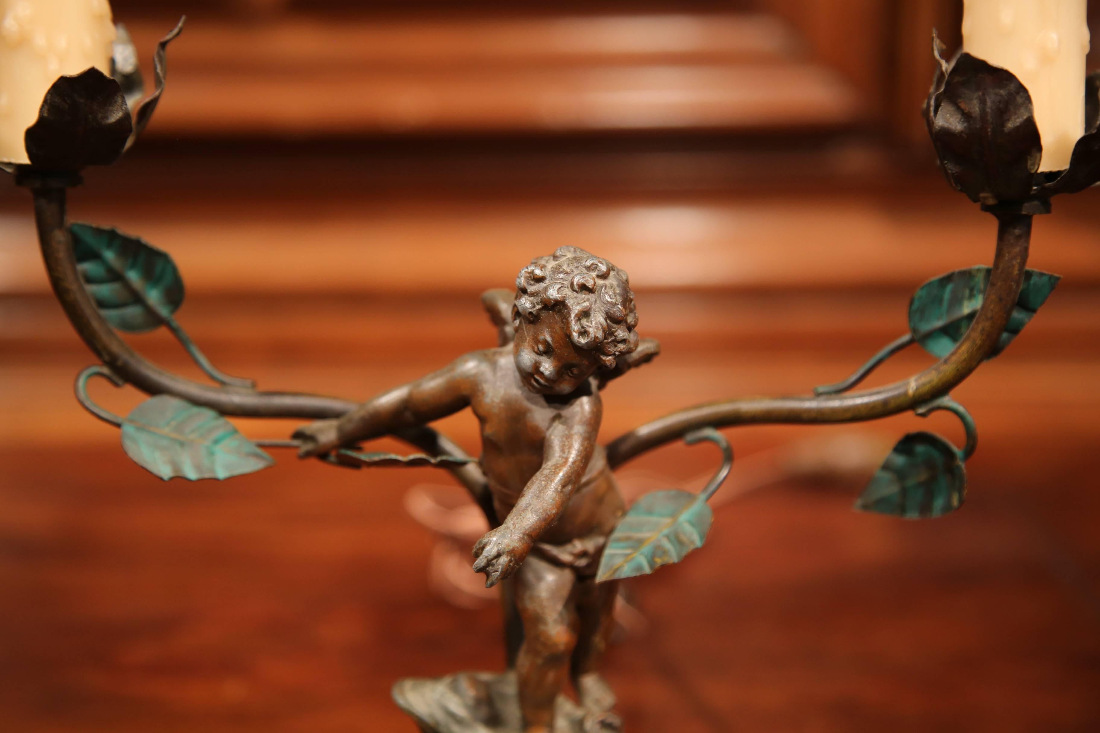 Pair of 19th Century, French Spelter Cherubs Table Lamps on Marble Bases 2