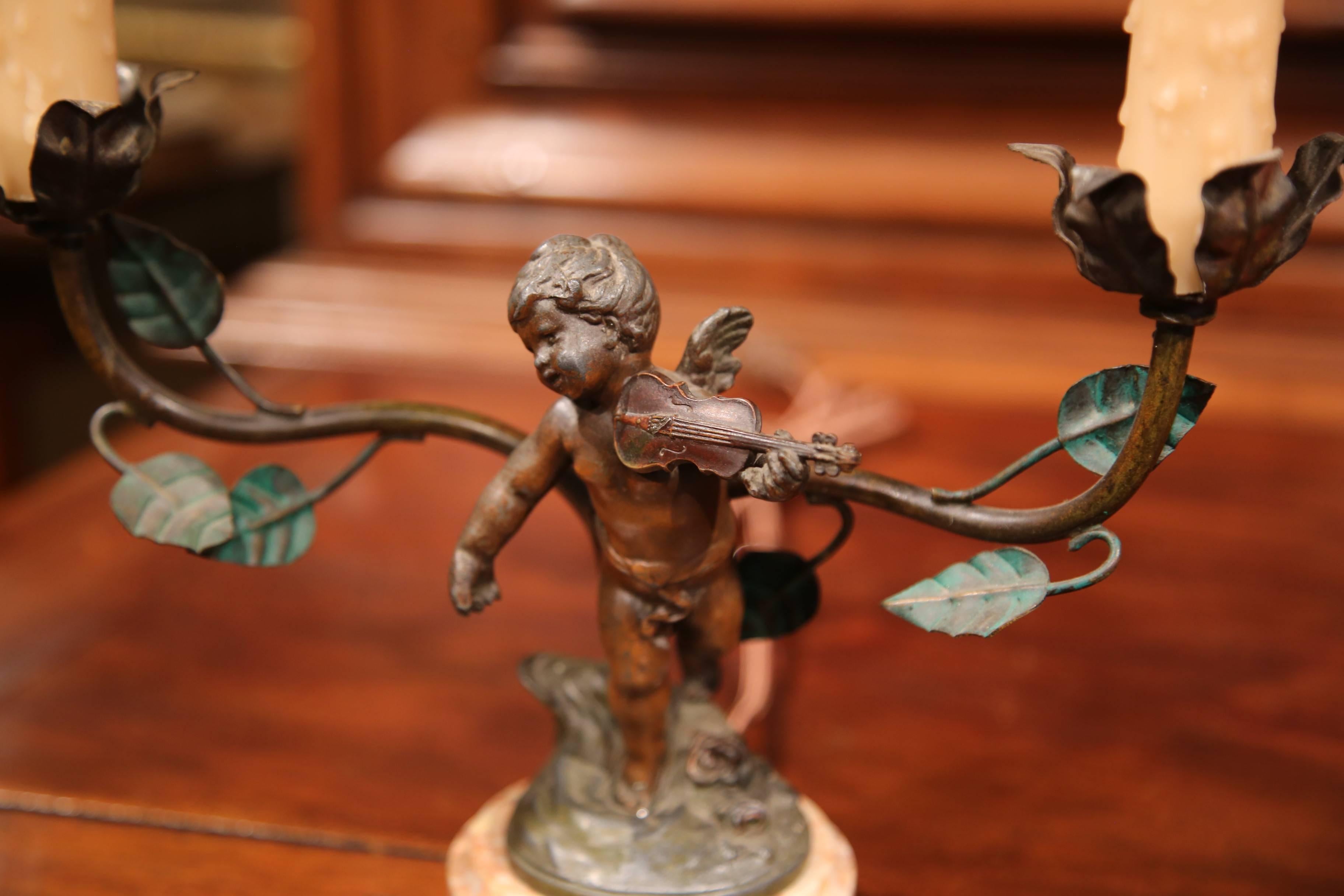 Pair of 19th Century, French Spelter Cherubs Table Lamps on Marble Bases 1