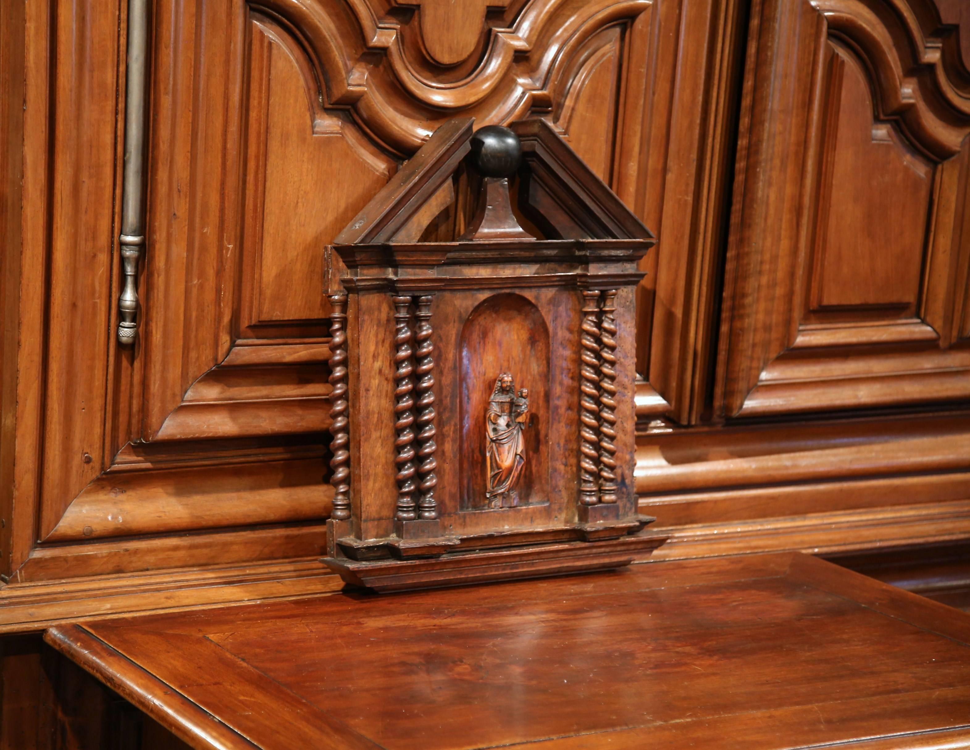 Patinated 18th Century French Carved Walnut Wall Niche Panel with Mother and Child