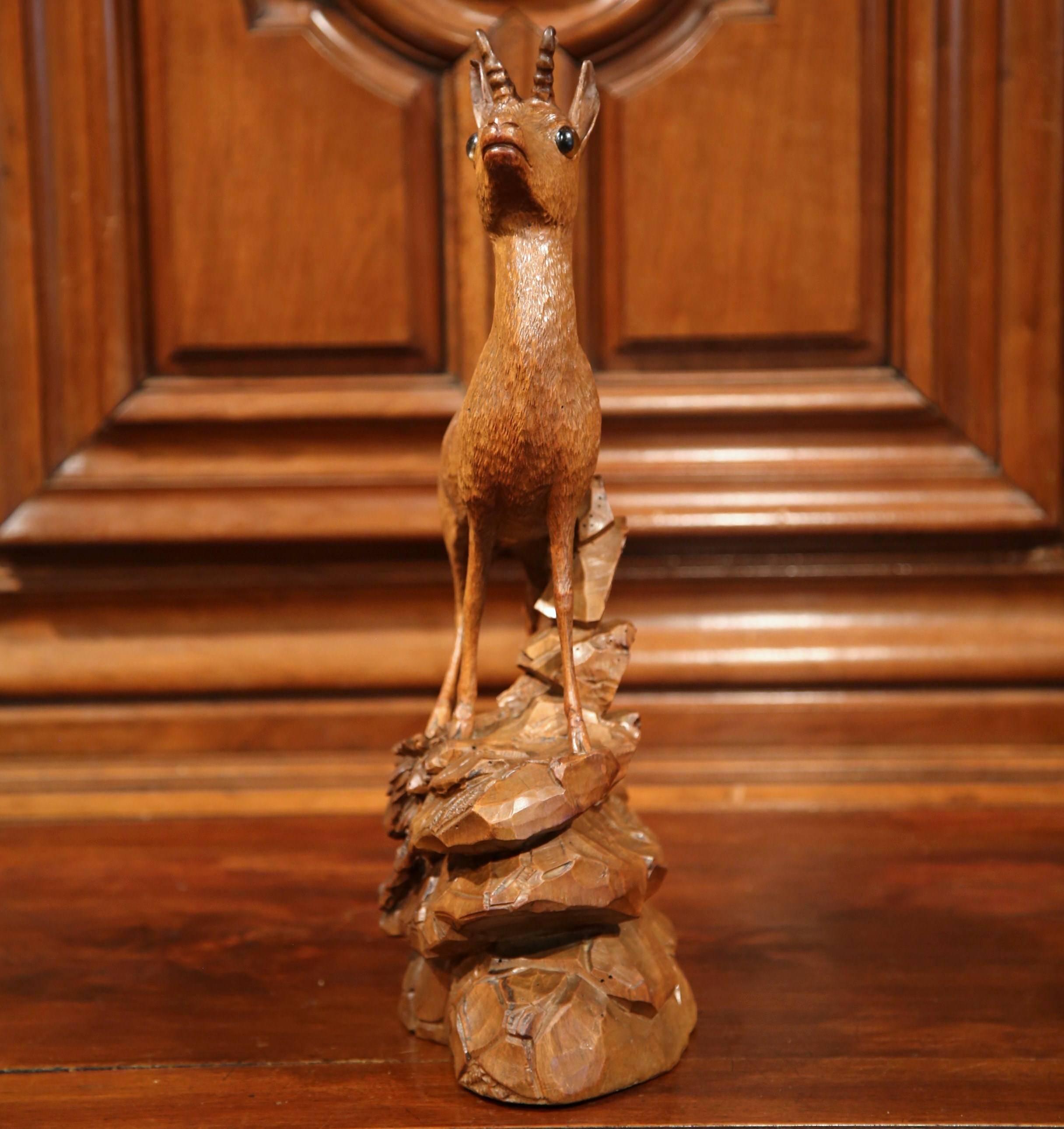 19th Century Swiss Carved Walnut Black Forest Deer Sculpture with Glass Eyes 1