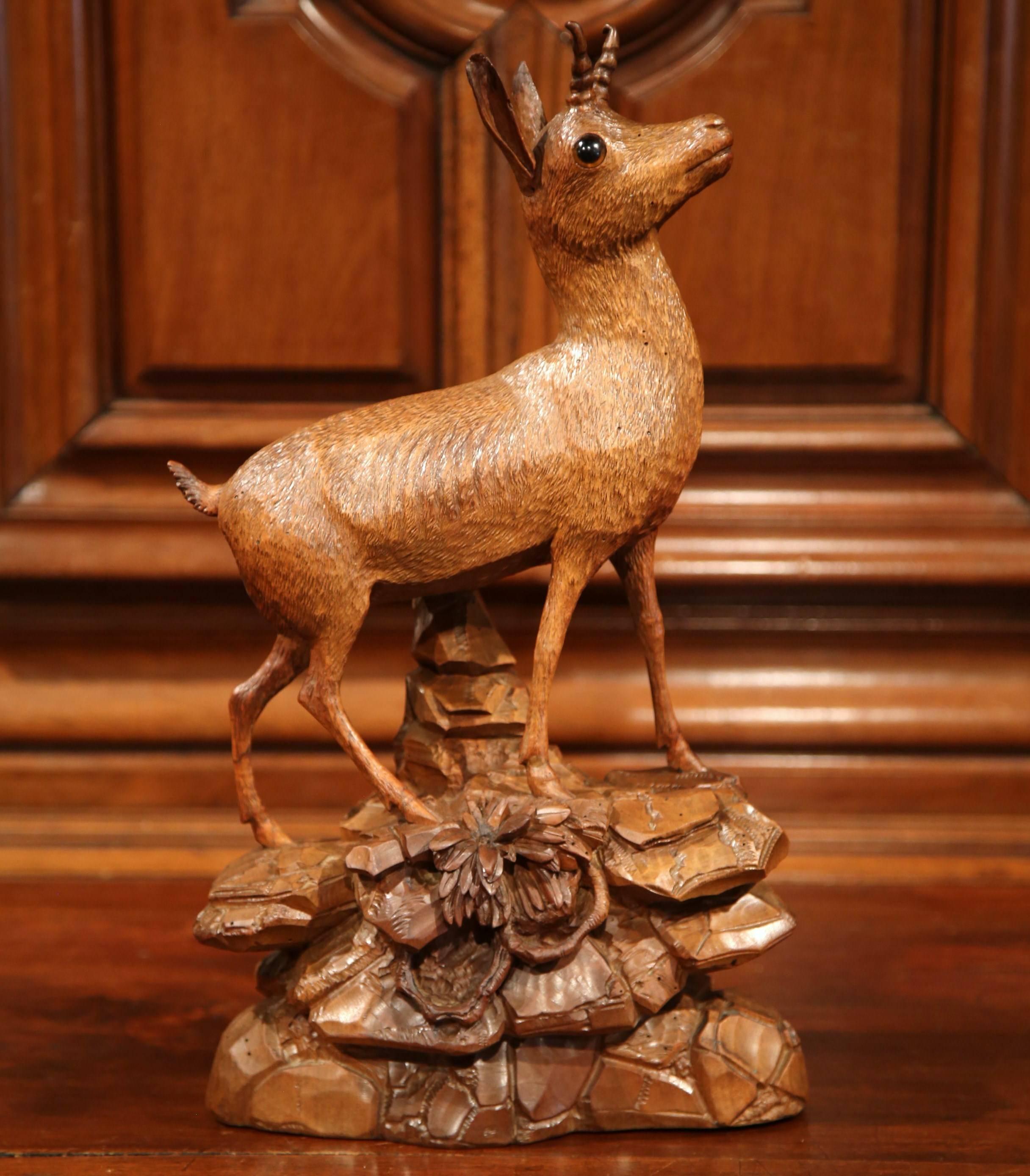 19th Century Swiss Carved Walnut Black Forest Deer Sculpture with Glass Eyes In Excellent Condition In Dallas, TX