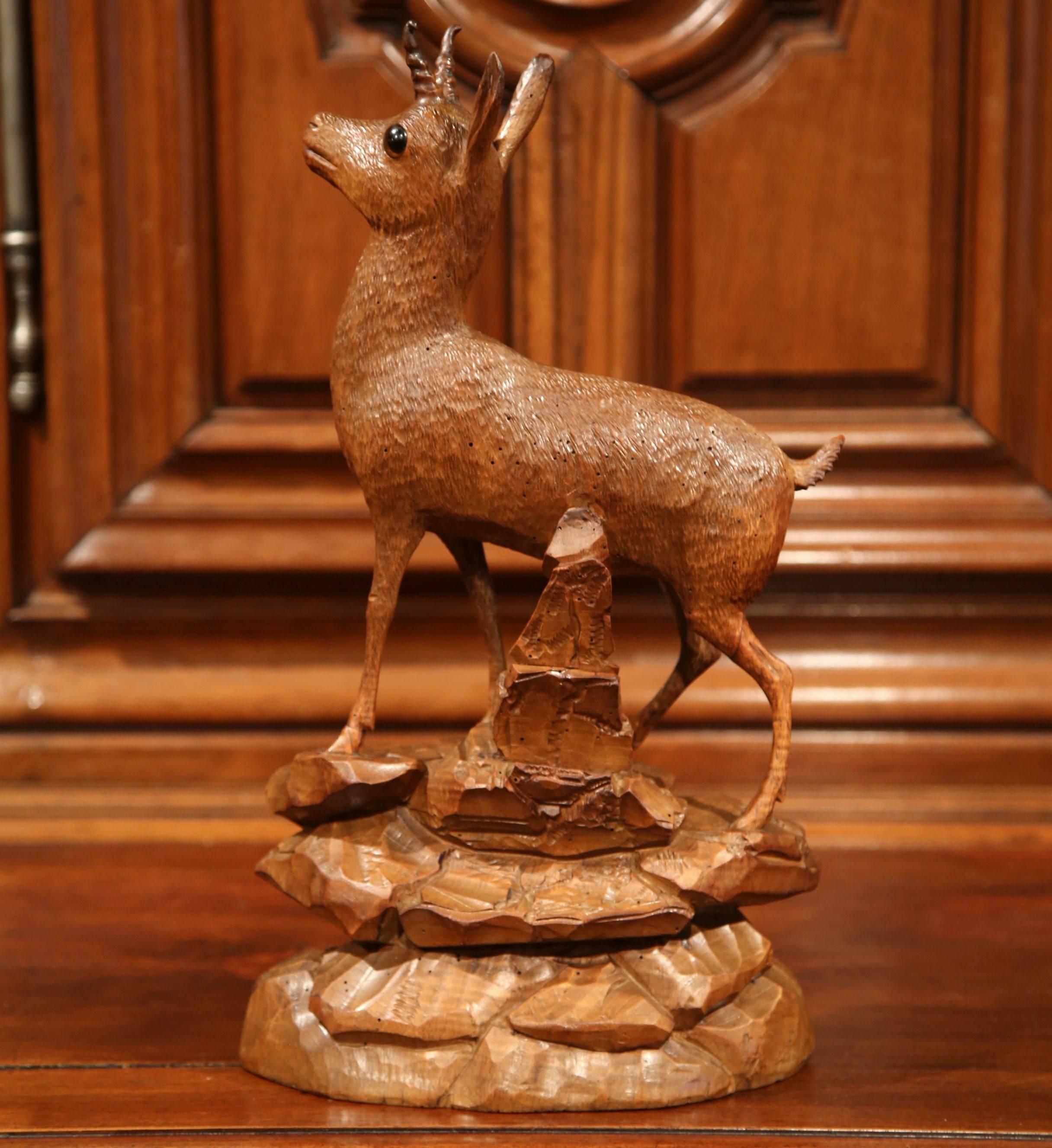 19th Century Swiss Carved Walnut Black Forest Deer Sculpture with Glass Eyes 2