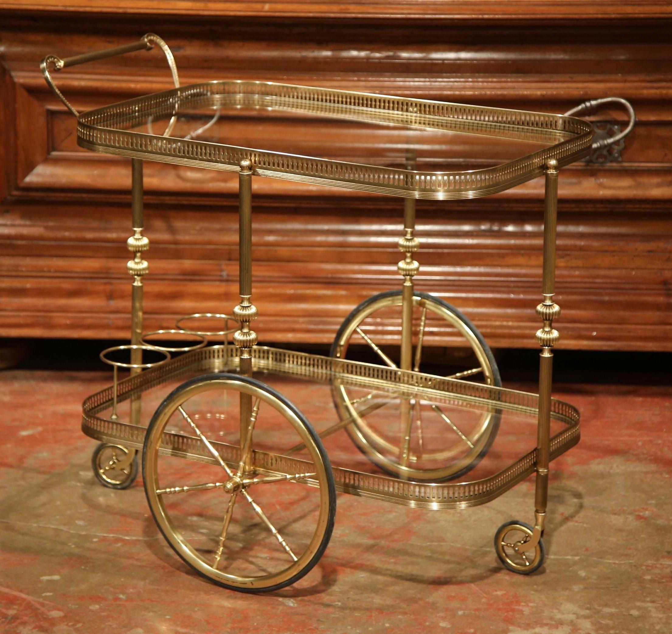 Early 20th Century French Two-Tier Brass Cart Table with Glass Tops 4