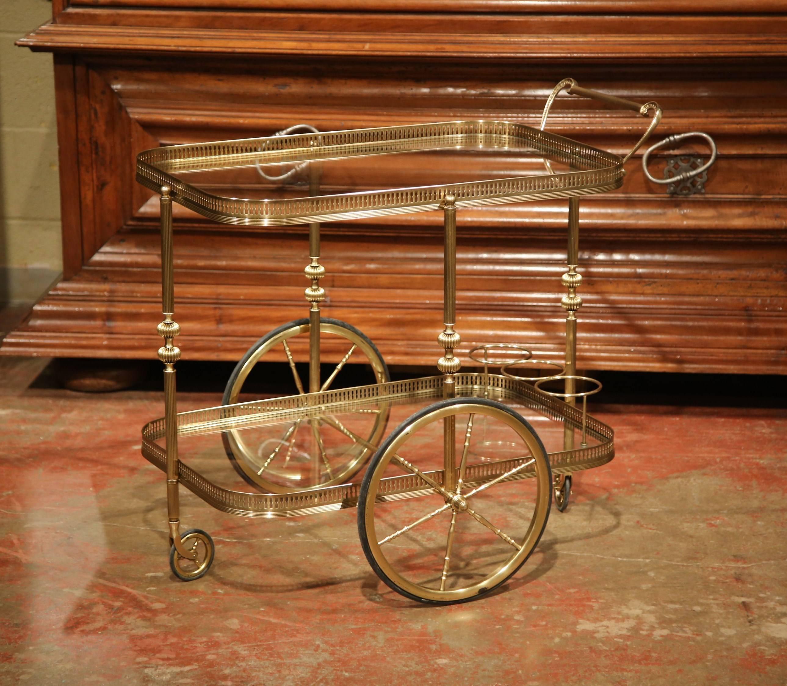 Early 20th Century French Two-Tier Brass Cart Table with Glass Tops 1