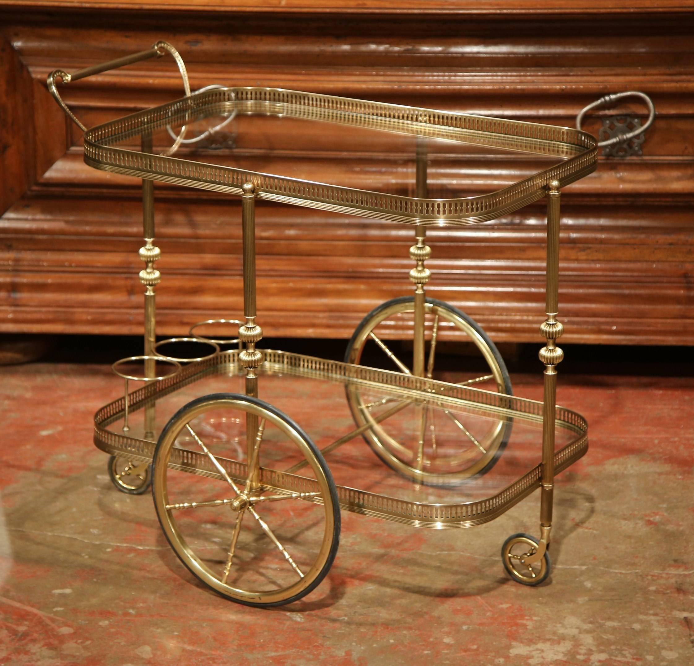 Early 20th Century French Two-Tier Brass Cart Table with Glass Tops In Excellent Condition In Dallas, TX