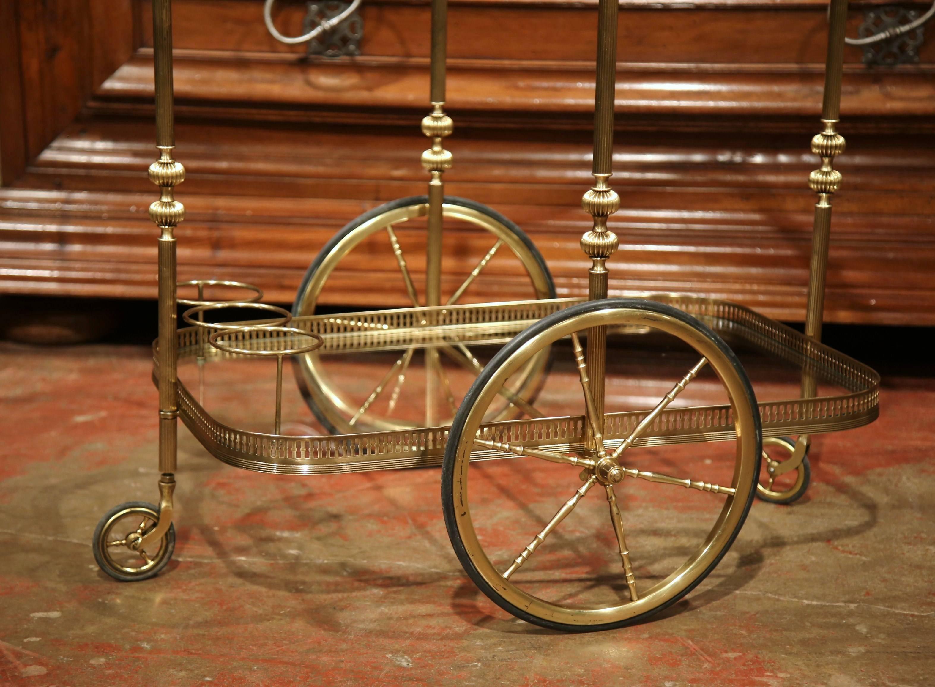 Hand-Crafted Early 20th Century French Two-Tier Brass Cart Table with Glass Tops