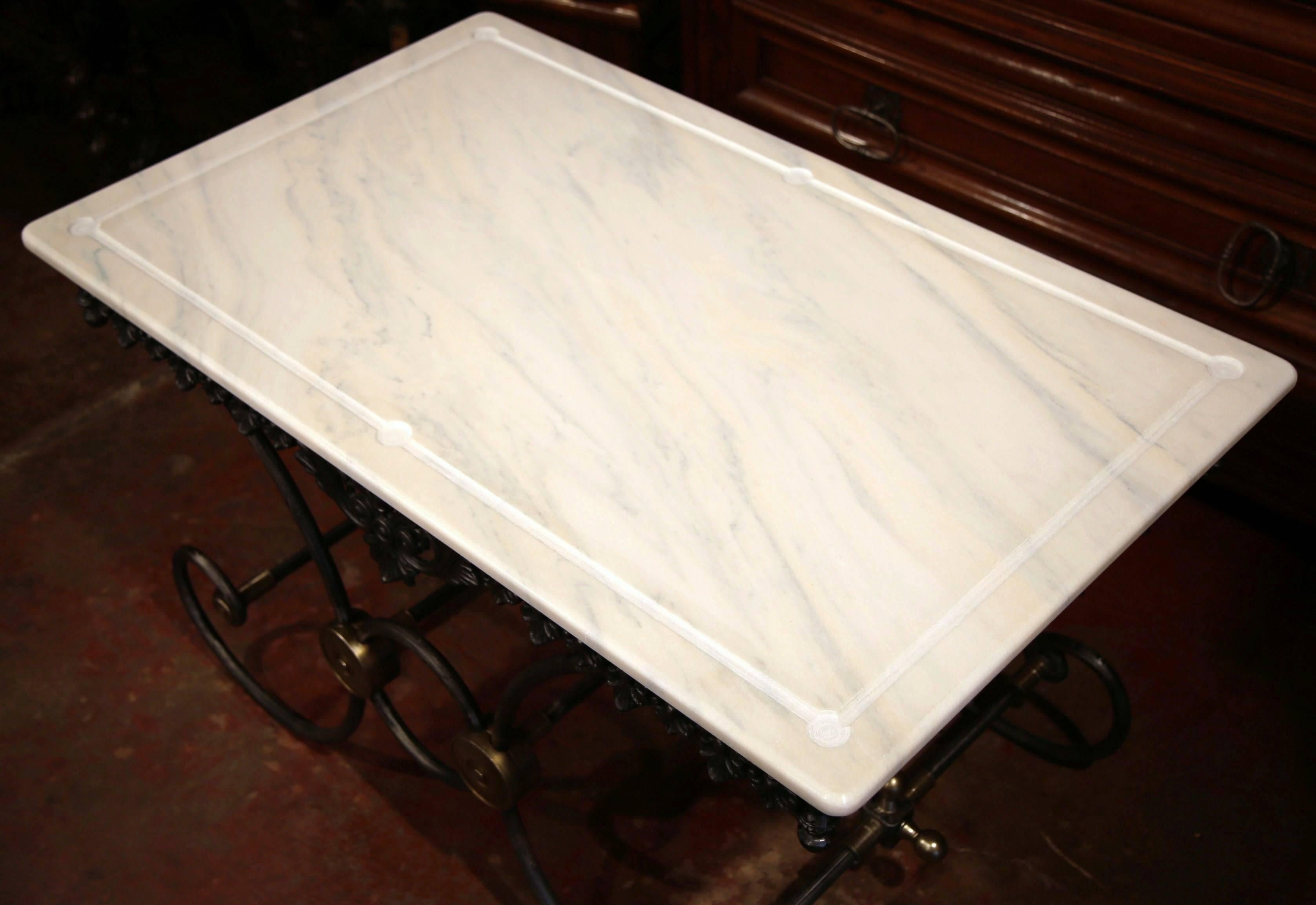 Polished French Iron and Brass Mounts Butcher or Pastry Table with Marble Top In Excellent Condition In Dallas, TX