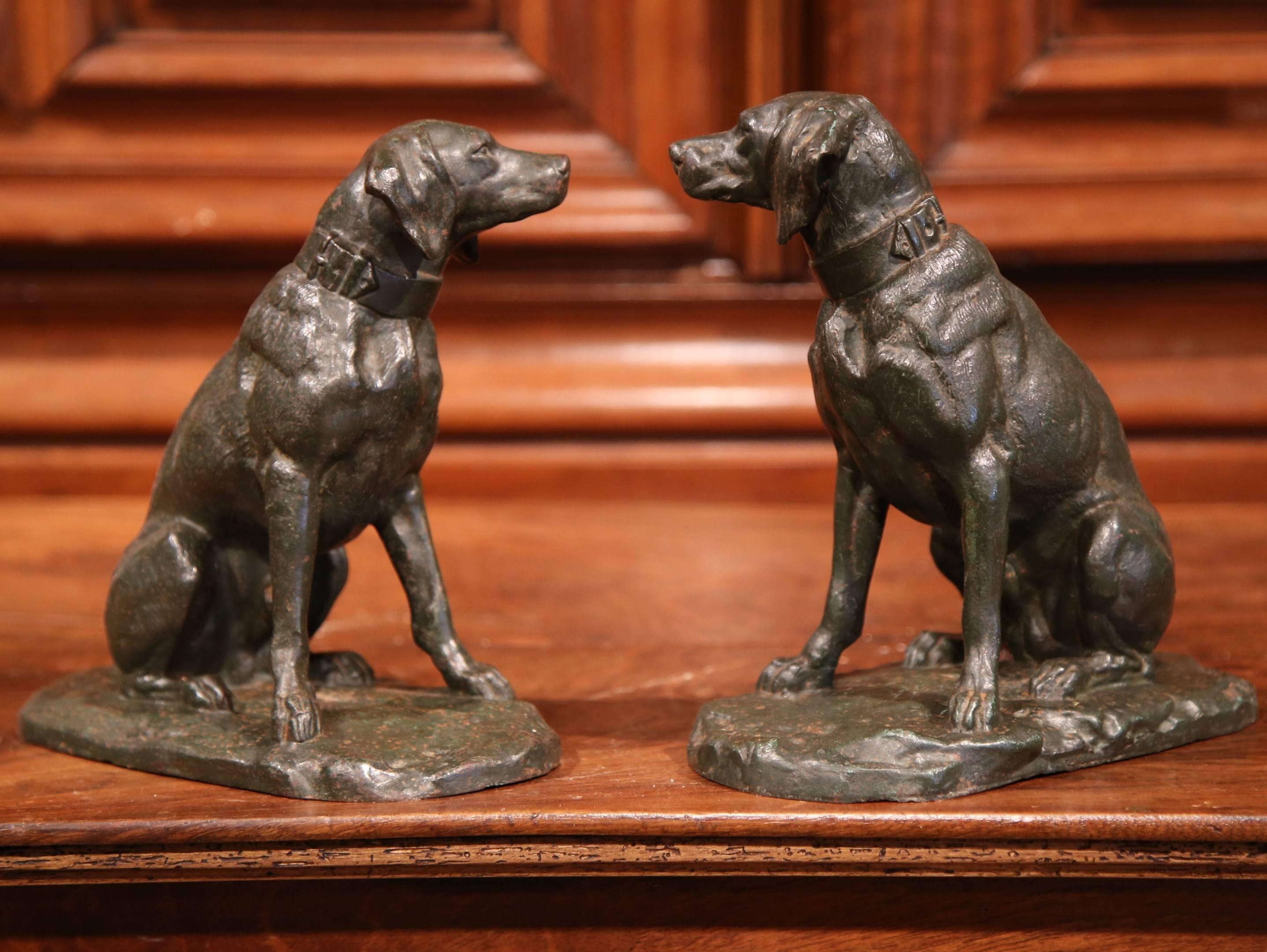 Pair of 19th Century French Patinated Bronze Labrador Dogs Sculptures In Excellent Condition In Dallas, TX