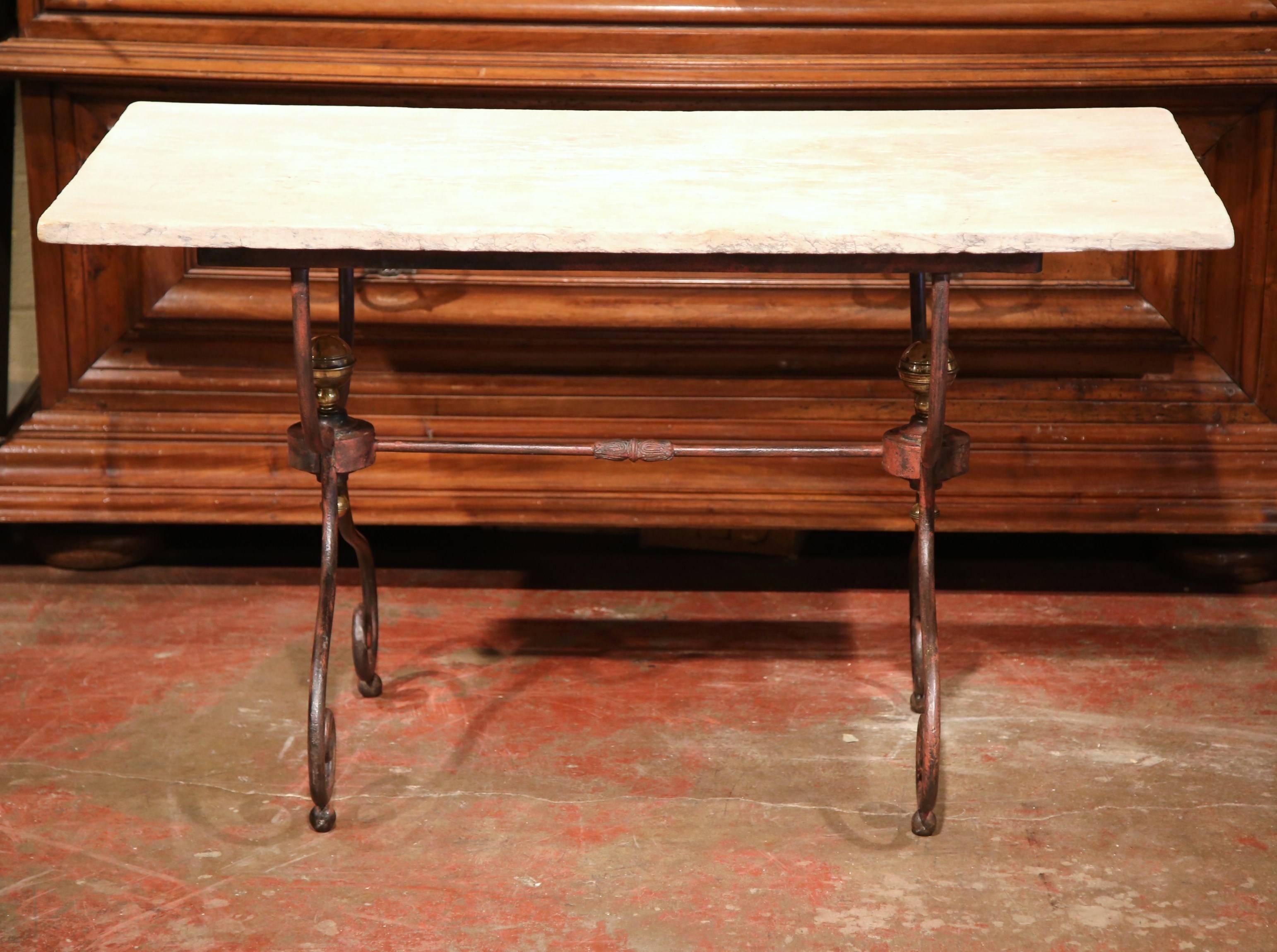 Forged 19th Century French Iron Bistrot Table with Stone Top and Bronze Mounts