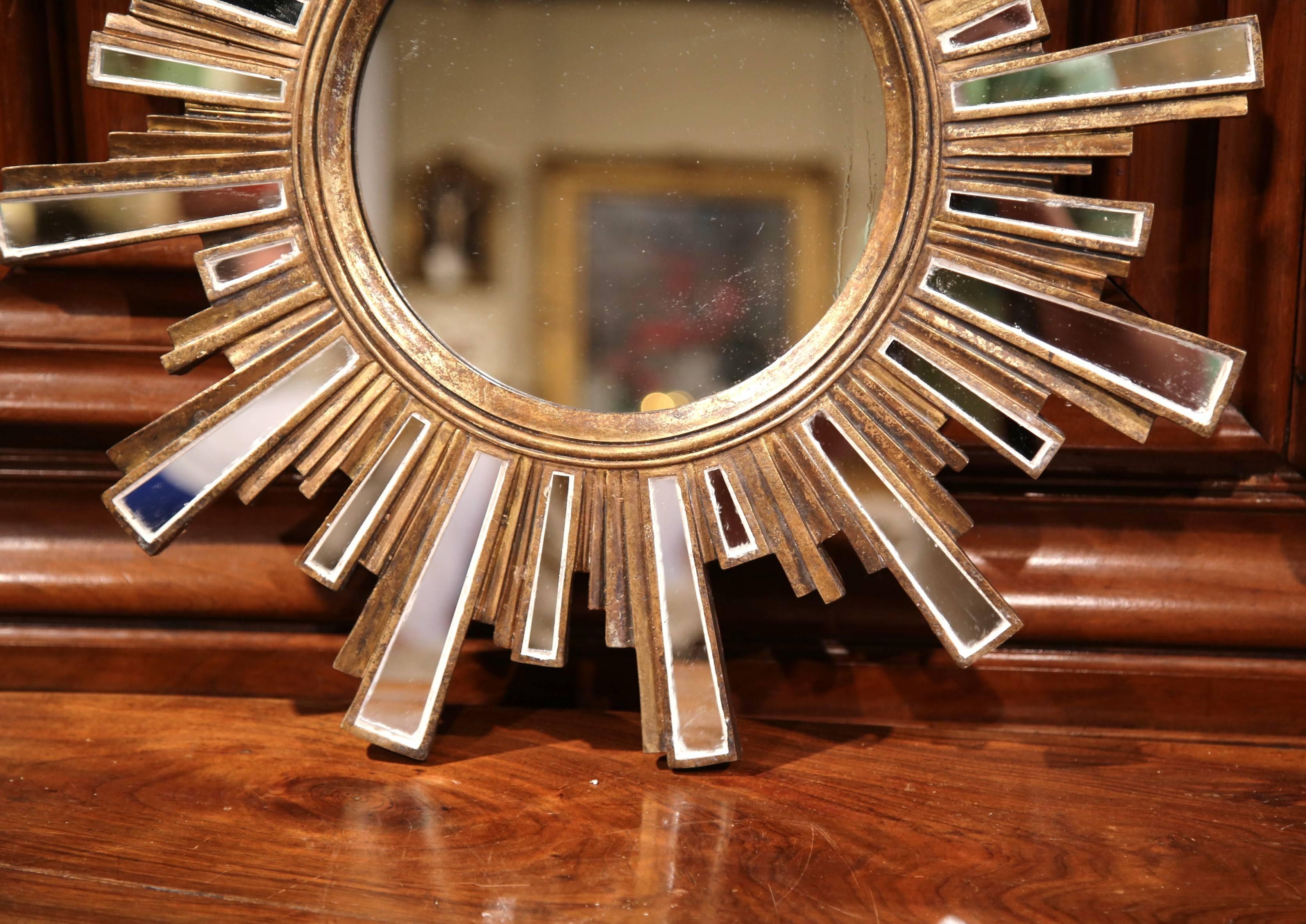 Patinated Mid-20th Century French Giltwood Sunbust Mirror with Glass Beams