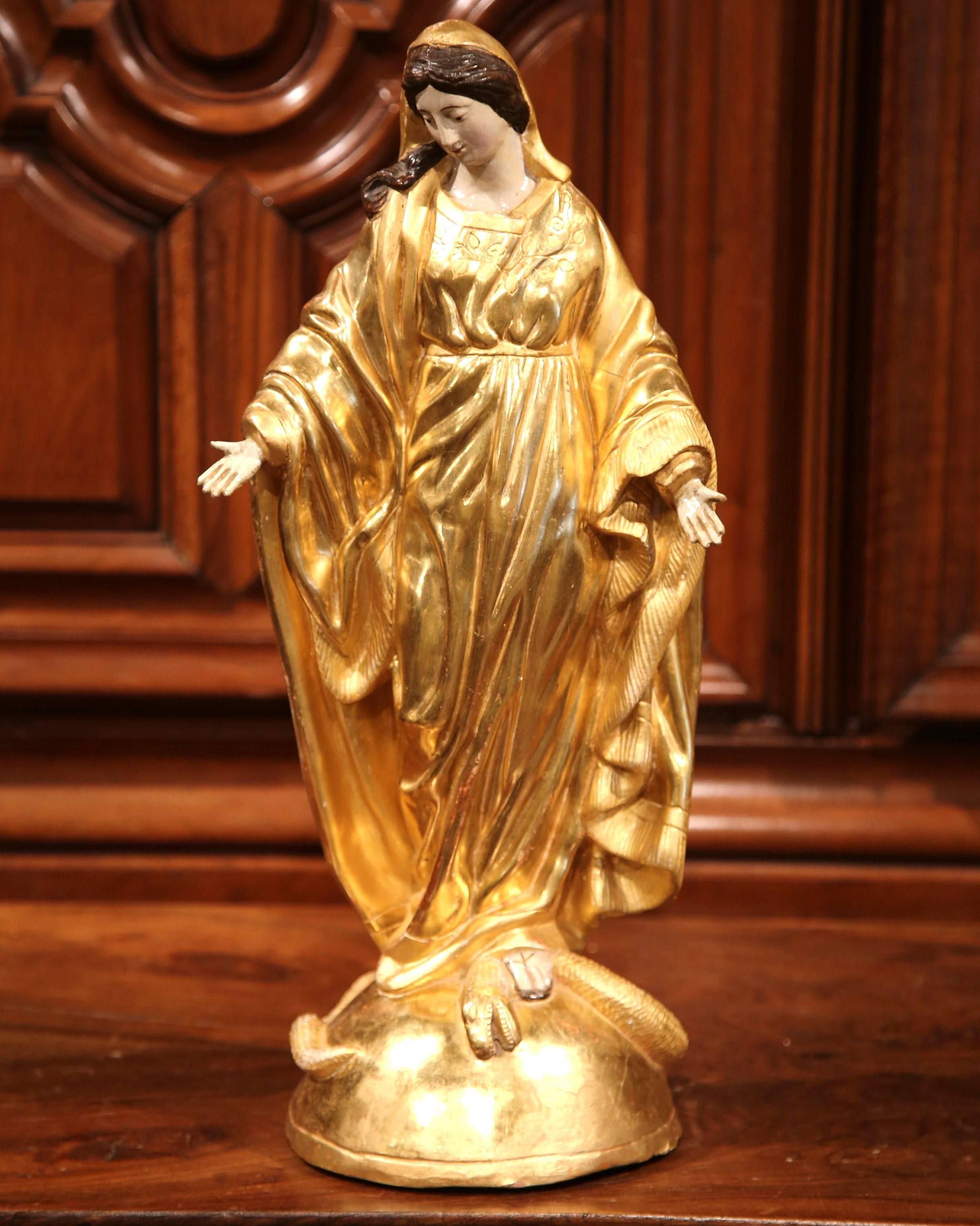 18th Century French Carved Giltwood Virgin Mary Statue Standing on Globe 2