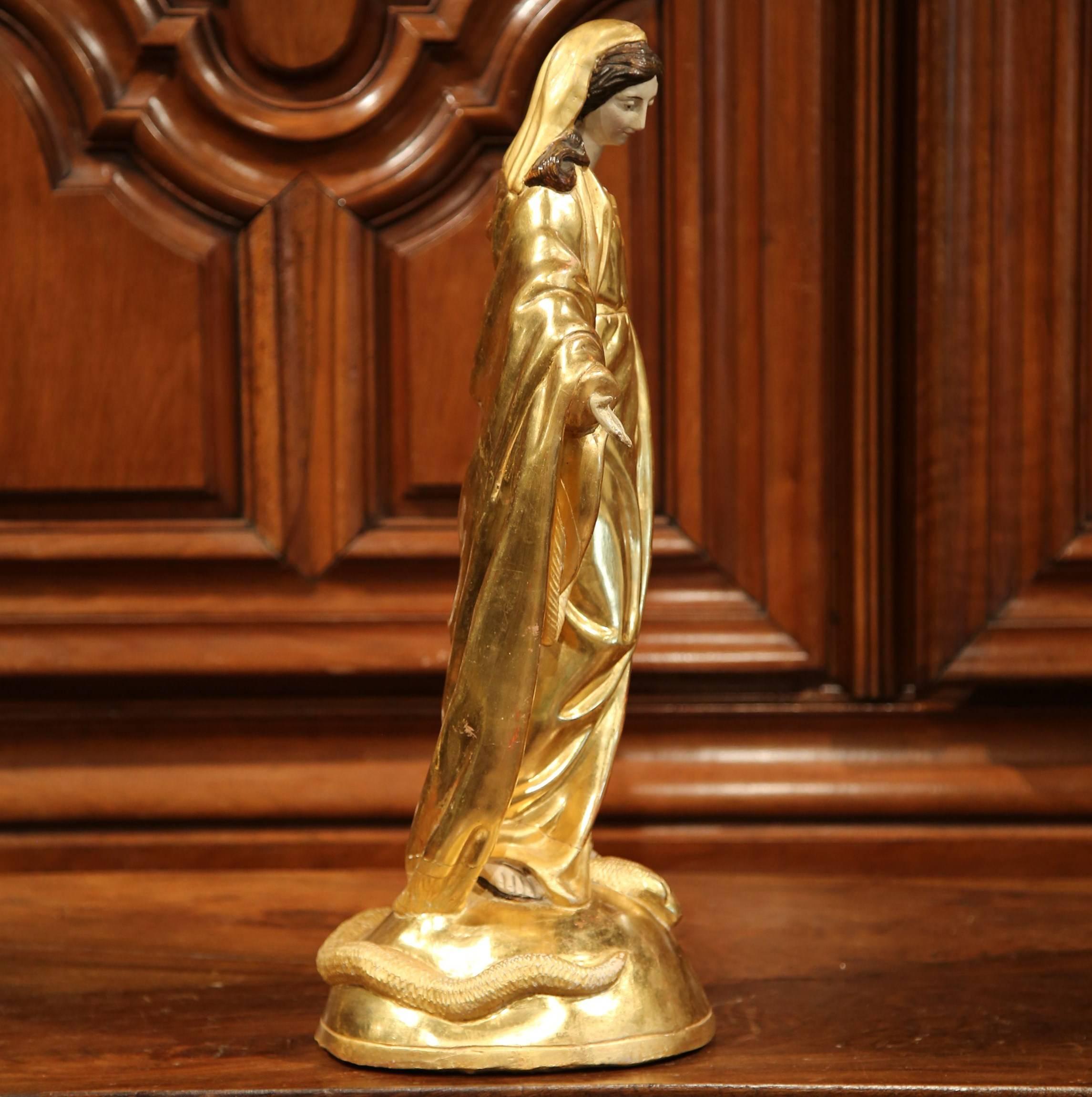 18th Century French Carved Giltwood Virgin Mary Statue Standing on Globe 1