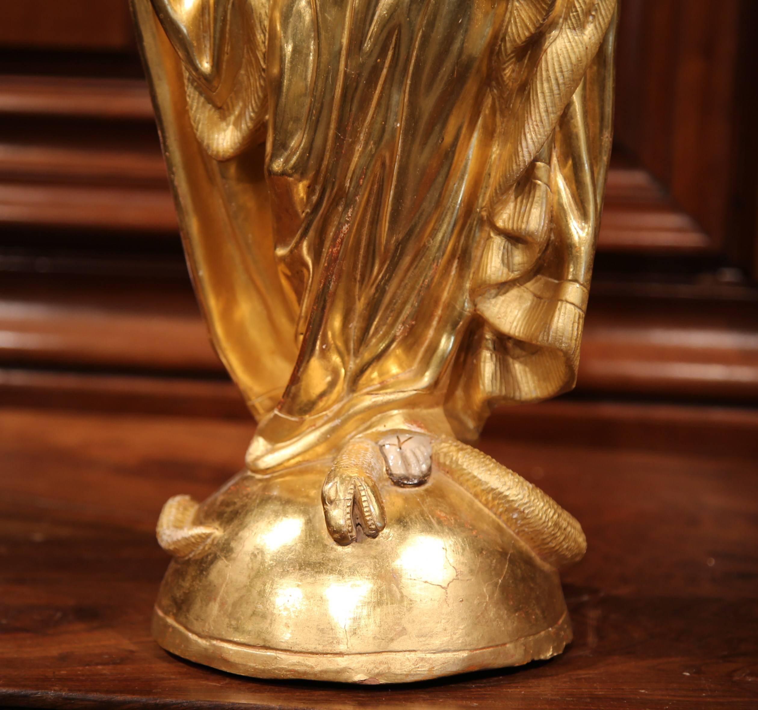 Hand-Carved 18th Century French Carved Giltwood Virgin Mary Statue Standing on Globe