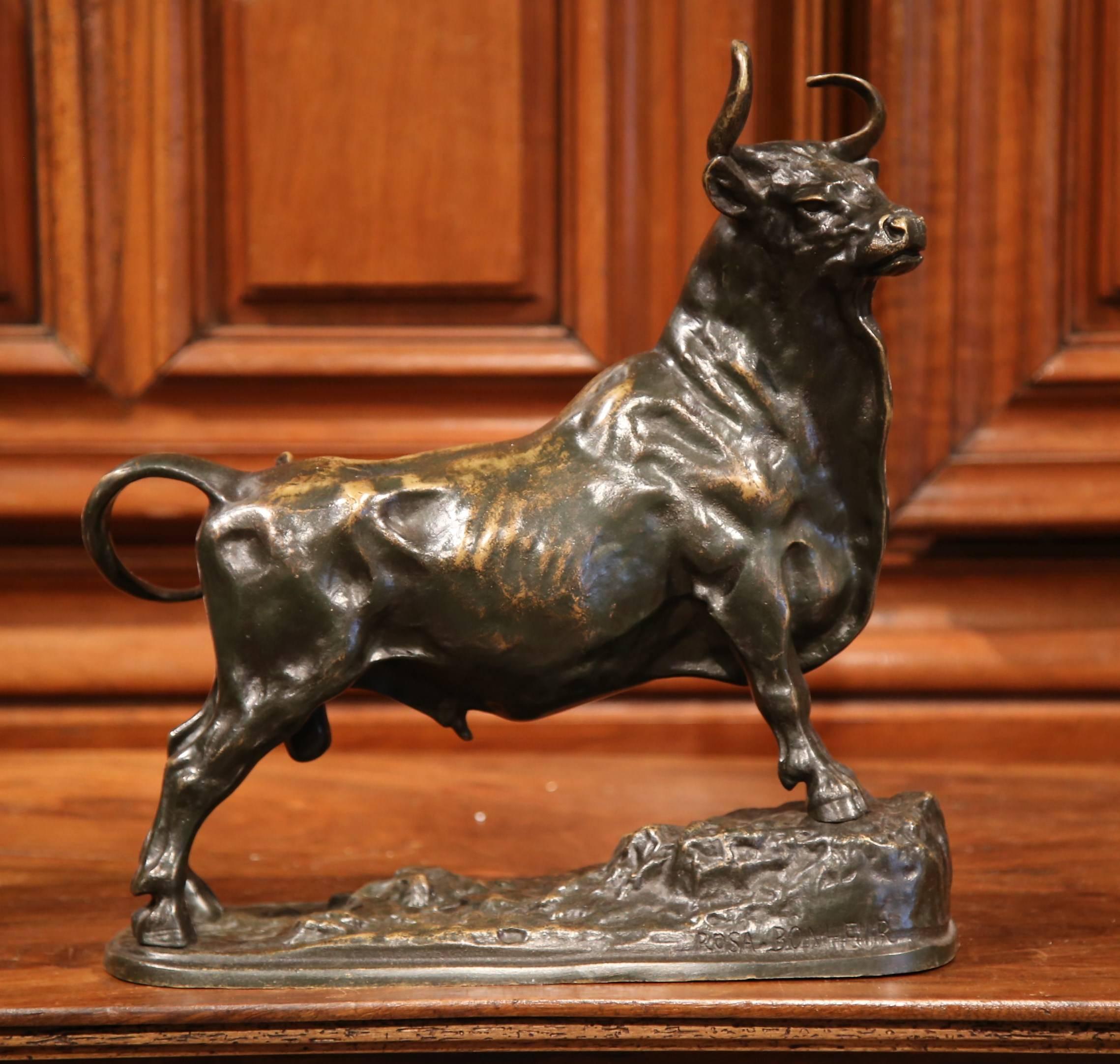Place this large bronze bull sculpture in an office or a desk. Crafted in France, circa 1860 and beautifully executed, the patinated bovine figure is shown standing up on a textured base, looking defiant and proud. Signed on the side Rosa Bonheur,